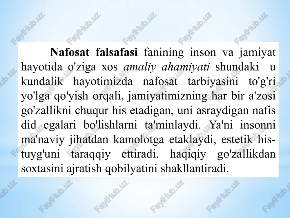 la tushunchada ham namoyon bo'lish ehtimoli mavjud. san'at bizga xunuklikning barcha ikir-chikirlarini ochiq-oydin tasvirla beradi. ulug'vorlik va tubanlikning shaxs, jamiyat va tabiatda namoyon bo'lish xususiyatlari ulug'vorlik- insonning voqelikdagi narsa-hodislarga axloqiy mezonlar bilan yondoshishi va ulardan yuksak estetik hayrat tuyg'usini hosil qiluvchi tushunchalar majmuidir. insondagi ulug'vorlik - qayg'u va qo'rquvni engish, unga qarshi borish, qatiy ishonch va yuksak insoniy tuyg'u bilan belgilanadi. tabiatdagi ulug'vorlik - matematik va dinamik xususiyatga ega. matematik xususiyatida xajm, dinamik xususiyatida kuch ustuvor ahamiyatga kasb etadi. jamiyatdagi ulug'vorlik - umuminsoniy qadriyatlar, tarixiy va milliy qahramonlik, jasorat, xalqparvarlik, barqarorlik, bunyodkorlik tushunchalari bilan uyg'unlashadi. davlatda barqarorlik, jamiyatda adolat ustuvorligi, shaxsning erkin va hurfikrlilik asosida faoliyat olib borishi mavjud ijtimoiy tizimning ulug'vorligini aks ettiradi. san'atdagi ulug'vorlik badiiy adabiyotda – jasorat, qahramonlik fojialari, tarixiy asarlar, milliy qadriyatlar va an'alarni ulug'lovchi adabiyot namunalari bilan izohlanadi: me'morchilikda - hajm va ko'lamning go'zallik bilan yo'g'rilganligi va ularning uyg'unligi natijasida yuzaga keladi. teatr va kino …