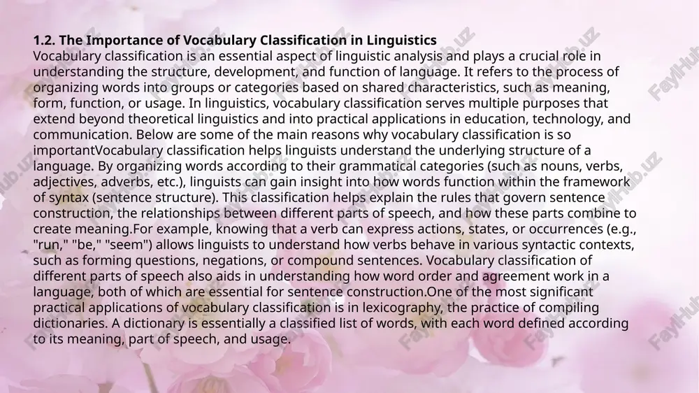 ) helps learners build connections between words and their meanings, which improves retention and usage.moreover, the classification of vocabulary helps students understand nuances in meaning. for instance, distinguishing between synonyms (words that have similar meanings) and antonyms (words with opposite meanings) can aid students in using words more accurately in different contexts. understanding the distinctions between different word classes, such as nouns (objects), verbs (actions), and adjectives (descriptions), helps learners to understand how to structure their sentences and express ideas effectivelyvocabulary classification is a useful tool for studying the historical development of a language chapter ii. methods and techniques of vocabulary classification 2.1. semantic classification: categorizing words by meaning semantic classification involves grouping words based on their meanings, which is crucial for understanding how language works, improving natural language processing (nlp), and various linguistic applications. here are some ways to categorize words semanticallywords can be classified into categories based on …