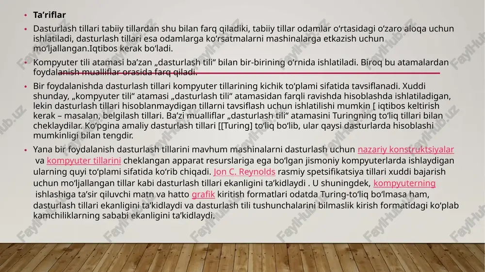 an mashina tillari mavjud bo‘lgan bo‘lsa, keyinchalik assambleya tillari va undan keyin yuqori darajadagi dasturlash tillari yaratildi. bugungi kunda python, java, c++ kabi tillar orqali murakkab dasturlarni sodda va tushunarli sintaksis bilan yozish mumkin. dasturlash tillarining tasnifi ularning texnik darajasiga va inson tiliga yaqinligiga qarab farqlanadi. umuman olganda, dasturlash tillari texnologik rivojlanishning ajralmas qismi bo‘lib, zamonaviy axborot texnologiyalarining asosini tashkil etadi. e’tiboriz uchun rahmat image2.jpeg image3.png image4.png image5.png image6.png image7.png image8.png image9.png image1.jpg /docprops/thumbnail.jpeg
