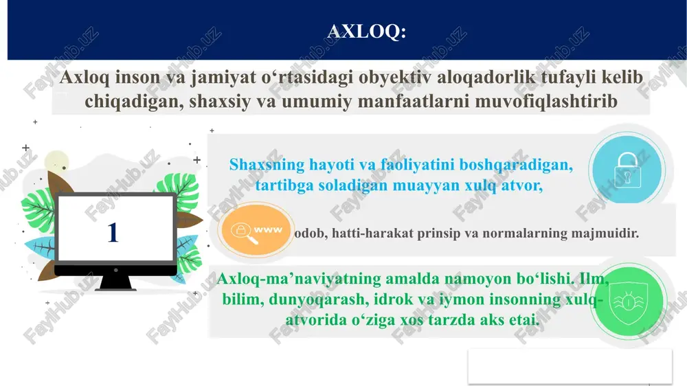 atanni sevish degani. ‘ axloqiy tamoyillar: axloqshunoslikning tushunchasi – adolat. uning ezgulik va yovuzlik hamda yaxshilik va yomonlikdan asosiy farqi shundaki, adolatning o‘zi biror–bir qadriyatni anglatmaydi, lekin qadriyatlar orasidagi nisbatni belgilaydi, ularni baholash maqomiga ega. axloqshunoslikning nihoyatda ta’sir doirasi keng tushunchalaridan biri vijdondir. vijdon – zigmund freyd ta’biri bilan aytganda, a’lo men, men ustidan nazorat o’rnatib, uni boshqarib turuvchi ikkinchi bir, yuqori darajadagi men. agar uyat hissi insonning tashqi, jamiyatga bog’liqligidan kelib chiqsa, vijdon uning ichki o‘z–o‘ziga bog’liqligini namoyon etadi. axloqiy kategoriyalar: yaxshilik va yomonlik: biror obyektga qilingan yaxshilik boshqa bir obyekt uchun yoki yaxshilik qilgan subyekt uchun yomonlikka aylanishi mumkin. baxt. hayotning ma’nosi ideal bilan bog‘liq bo‘lgani kabi baxt atamasini ham hayotning ma’nosi tushunchasidan ajratib olingan holda tahlil etish mumkin emas. baxt inson o‘z hayoti ma’nosini qay darajada tushungani va shu ma’nodan umri mobaynida qoniqish hosil qilib borishidan iboratdir. baxt, albatta, omadli bo‘lish degan ma’noda ham tushuniladi. omad ham …
