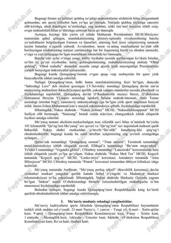 iqaradigan zavod, ellikqal’a tumanida esa shunday quvvatga ega konserva sexi foydalanishga topshirildi. 1995 yilda qo‘ng‘irot tumanida markaziy osiyoda yagona hisoblangan yiliga 190 ming tonna kalsiyli soda ishlab chiqaradigan zavod qurilishi boshlandi. zavod tarkibida kimyoviy yul bilan ekologik toza va energiya sarflanmaydigan kaustik soda ishlab chiqarish ham ko‘zda tutilgan. qo‘ng‘irot-beyneu avtomobil trassasi, navoi-uchquduk-nukus temir yo‘li kurildi. 2. qoraqalpog‘istonda qishloq xo‘jaligi sohasidagi o‘zgarishlar. qoraqalpog‘istonda mehnatga layoqatli aholining asosiy qismi qishloqda istiqomat kiladi. agrar sektorda ham iqtisodiy qayta qurish, bozor munosabatlariga o‘tish ro‘y berdi. 1997 yil 1 yanvar holatiga respublikada 263 qishloq xo‘jalik korxonasi faoliyat ko‘rsatdi. nodavlat sektorning jami ishlab chikarilgan mahsulotdagi ulushi 98,3 foizni tashkil etdi. paxta etishtirishda nodavlat korxonalarning hissasi 97,8 foizni, donchilikda 98,1 foizni, kartoshkachilikda 99,7 foizni, sabzavotchilikda 98,8 foizni, polizchilikda 95,1 foizni, bog‘dorchilikda 98,5 foizni, pillachilikda 100 foizni, go‘sht etishtirishda 98,9 foizni, sut va tuhum ishlab chiqarishda 99,4 foizni, qorako‘l teri va jun etishtirishda 100 foizni tashkil etdi. dehqonchilikda …