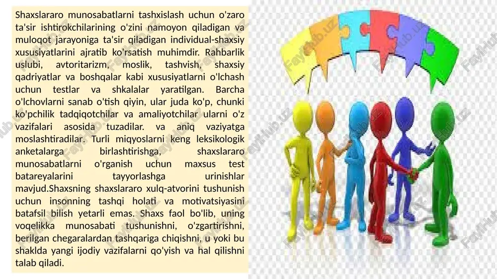 dagi o'zi, uning kutganligi va subyektning ma'lum bir usulining psixologik ma'nosi haqida ma'lumotga ega bo'lishi kerak. shaxslararo munosabatlarning subyektiv aksini o'rganish usullari asosan psixologiyaning amaliy sohalari so'roviga javob sifatida paydo bo'ldi: individual va oilaviy psixologik maslahat va psixoterapiya, bunda amaliy maqsadlarga erishish uchun mijozning subyektiv dunyosini bilish zarur. ushbu usullarning aksariyati proyektivdir. shaxslararo munosabatlarni aks ettirish xususiyatlarini o'rganish uchun ko'pincha tematik appersepsiya usullari qo'llaniladi. kattalar uchun tat ishlatiladi, bolalar uchun – cat. oiladagi shaxslararo munosabatlarni o'rganish usuli - kattalar va bolalarni o'rganish uchun ishlatilishi mumkin bo'lgan fri metodikasi. testning to'liq versiyasi oilaviy hayotdan 40 ta rasmdan iborat. tasvirlangan bolalarning yoshi 7 yoshdan 12 yoshgacha. 16 ta rasm o'g'il yoki qiz bo'lgan oilalarni o'rganish uchun, 8 tasi ikkala toifadagi oilalar uchun mos keladi. 24 ta rasm to'plami har qanday oilaning ota-onalari va farzandlari uchun ishlatilishi mumkin. agar oilada o'g'il va qiz bo'lsa, 40 ta rasmdan iborat to'plam ishlatiladi. quyidagi ko'rsatma beriladi: …