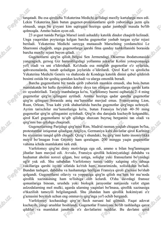 alayotgan bo'lsa, uning vorisi sanalgan fransiyaning bo'lg'usi qiroli anjuylik genrix iii ning qirollik va katolik diniga xos bo'lmagan xurmacha qiliqlari saroy ayonlari orasida ma‘lum bo'lib, norozilikka sabab edi. ayni shu damda birbonlar va gizlar valualarning fransiyada hukmronligi poyoniga yetayotgani haqida darak berardi. gugenotlar birorta ham yirik jangda g‘alaba qozona olmagan bo‘lsalar ham, qirol urushni davom ettira olmadi: bu juda qimmat edi. shunday vaziyatda 1570 yilning kuzida qarama-qarshi taraflar o'rtasida nisbatan qisqa muddatli tinchlik sulhi tuziladi. gugenotlar parijdan tashqari hamma joyda ibodat qilishlari mumkin edi va ularga davlat lavozimlarini egallashga ham ruxsat berilgandi. gugenotlarga to‘rtta qal’a berildi. bundan tashqari, ularning rahbari admiral gaspar ii de kolini qirollik kengashi tarkibiga kiritiladi. gugenotlar uchun bu g'alaba bilan barobar edi. g’alabadan ruhlangan gaspar de kolini gugenotlar va katoliklarni birlashtirgan holda ispaniya qiroli filip ii ga qarshi muqaddas urushga kirish uchun harakat qiladi. ammo kolini yekaterina medichining shaxsiy manfaatlari mamlakat manfaatlaridan ustun kelishini inobatga olmagandi. …