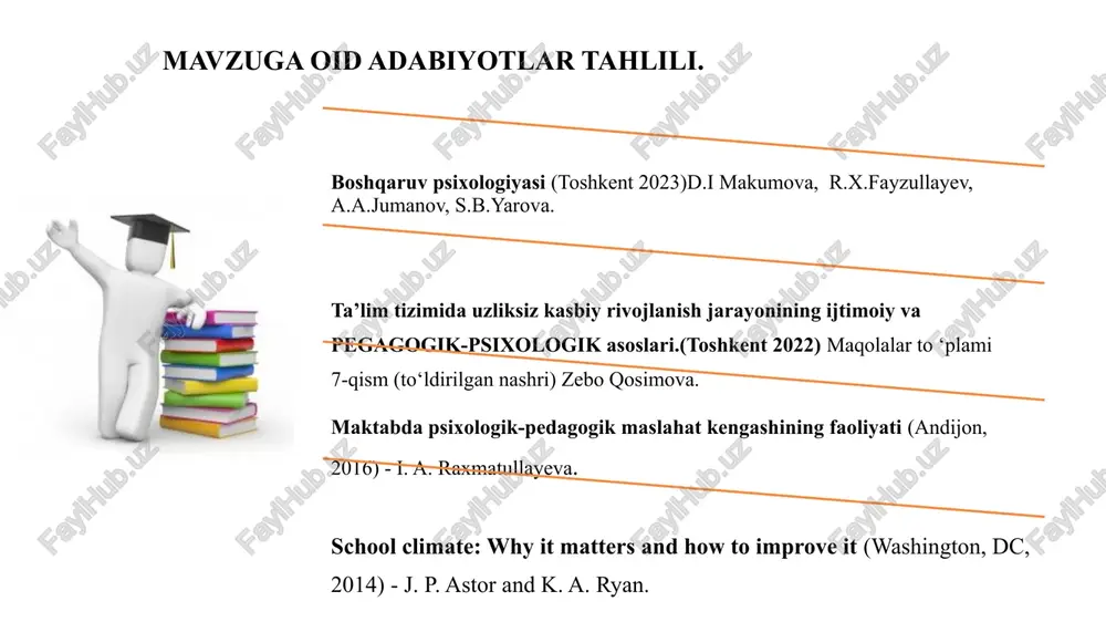 ari bilan har qanday mavzuda muloqot qilishda xotirjamlik hissi uyg‘onadi. ularda tanqidga ijobiy munosabat shakllanadi. ota-onalar bilan olib boriladigan psixologik jaroyonlarning uzluksiz tashkil qilinmaganligi. boshlang’ich sinflarda 1-chorak yakunida otalar bilan, 2- chorak yakunida onalar bilan, psixologik treninglar tashkil etish. 5-7-sinf ota-onalar ishtirokida sizning farzandingizni qobilyati qanday mavzusida ijodiy ishlar tashkil etish. farzandingiz kelajakda qanday kasb egasi bo‘ladi mavzusi 7-11-sinf obilan birgalikda kasb kechasi tashkil etish. maktabdirektori, mmibdo‘, psixolog va sinf rahbarlari. maktab direktori, mmibdo‘, psixolog va sinf rahbarlari. maktab direktori, mmibdo‘, psixolog va sinf rahbarlari. har chorak yakunida ota-onalar yig‘ilishida. chorakda davomida ota-onalar yig‘ilishida. chorakda davomida ota-onalar yig‘ilishida. o‘quvchilarning oilaviy sharoitlari hamda ota-onalarning farzandlariga qilayotgan munosabatlarini aniqlanib va o‘quvchilarning psixologik holatiga to‘g’ri yondashiladi. o‘quvchilarning qobilyat hamda qiziqishlariga qarab tugaraklarga jalb qilib kasbga yo‘naltiriladi. 7-11-sinf o‘quvchilaring qiziqqan kasbidan kelib chiqib hududlarda mavjud bo‘lgan korxonalarga kasblari bo‘yicha yo‘naltiriladi. e’tiboringiz uchun rahmat! image2.jpeg image3.png image4.jpeg image5.jpeg image6.png image7.jpeg image8.png image9.png image10.jpeg image11.png image12.jpeg …