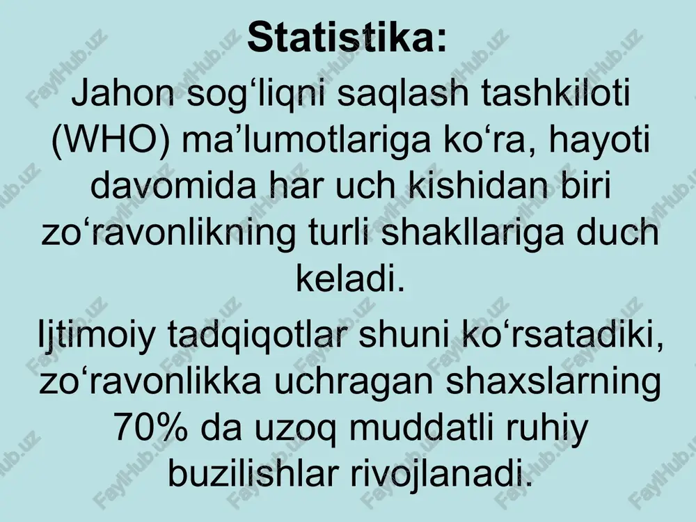 i, uni qo'rqitish, sodir bo'lgan voqea haqida hech kimga aytmaslikka ko'ndirish osonroq. zo'ravon, shuningdek, bu yoshda bola hali nima bo'lganini so'z bilan tasvirlay olmaydi, deb o`ylaydi. umuman olganda, o'g'il bolalarning jinsiy zo'ravonligi qizlarnikiga qaraganda 3-4 baravar kam uchraydi. qarindoshlar orasida zo'ravonlik ko'pincha ota, o'gay ota, vasiy tomonidan, kamroq aka yoki amaki tomonidan sodir etiladi. jinsiy zo‘ravonlikning shakllari: jinsiy tegajoqlik: bolaning tanasiga jinsiy maqsadda tegish. pornografik materiallarni ko‘rsatish: bolaga jinsiy mazmundagi materiallarni majburlab ko‘rsatish yoki undan foydalanish. bolani jinsiy faoliyatga jalb qilish: bolaning jinsiy faoliyatga tortilishi yoki bunday faoliyatga majburlanishi. so‘z orqali jinsiy haqorat qilish: bola bilan jinsiy mazmundagi muloqot o‘rnatish yoki uni kamsitish. maktabgacha yoshdagi bolalarda jinsiy zo'ravonlikning oqibatlari dahshatli tushlar, qo'rquv; o'zini ayblash; nutq va intellektual rivojlanishda kechikish; izolyatsiya; regressiv xatti-harakatlar; tajovuz, g'azab; erotik harakatlar; jinsiy xulq-atvor boshlang'ich maktab yoshidagi bolalarda jinsiy zo'ravonlikning oqibatlari qo'rquv; o'ziga past baho berish; tssb; maktabdagi muvaffaqiyatsizlik; asosiy ishonchni buzilishi; jinsiy xulq-atvor o'smirlarda jinsiy …