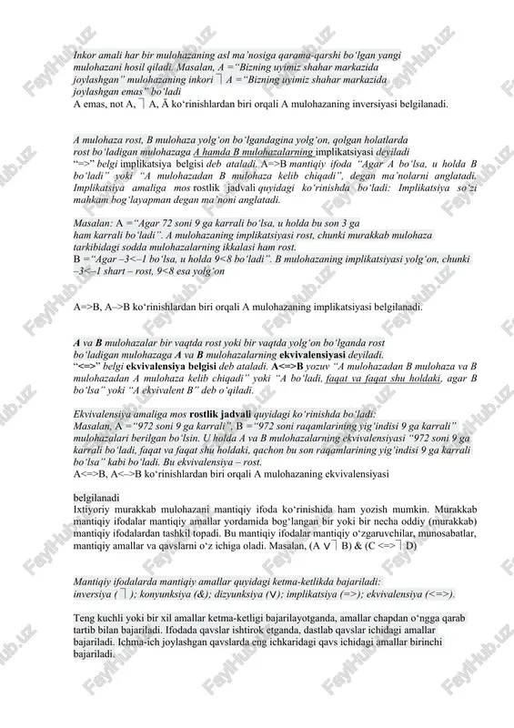 vaqtda rost yoki bir vaqtda yolg‘on bo‘lganda rost bo‘ladigan mulohazaga a va b mulohazalarning ekvivalensiyasi deyiladi. “ ” belgi ekvivalensiya belgisi deb ataladi. a b yozuv “a mulohazadan b mulohaza va b mulohazadan a mulohaza kelib chiqadi” yoki “a bo‘ladi, faqat va faqat shu holdaki, agar b bo‘lsa” yoki “a ekvivalent b” deb o‘qiladi. ekvivalensiya amaliga mos rostlik jadvali quyidagi ko‘rinishda bo‘ladi: masalan, a =“972 soni 9 ga karrali”, b =“972 soni raqamlarining yig‘indisi 9 ga karrali” mulohazalari berilgan bo‘lsin. u holda a va b mulohazalarning ekvivalensiyasi “972 soni 9 ga karrali bo‘ladi, faqat va faqat shu holdaki, qachon bu son raqamlarining yig‘indisi 9 ga karrali bo‘lsa” kabi bo‘ladi. bu ekvivalensiya – rost. a b, a b ko‘rinishlardan biri orqali a mulohazaning ekvivalensiyasi belgilanadi ixtiyoriy murakkab mulohazani mantiqiy ifoda ko‘rinishida ham yozish mumkin. murakkab mantiqiy ifodalar mantiqiy amallar yordamida bog‘langan bir yoki bir necha oddiy (murakkab) mantiqiy ifodalardan tashkil topadi. …