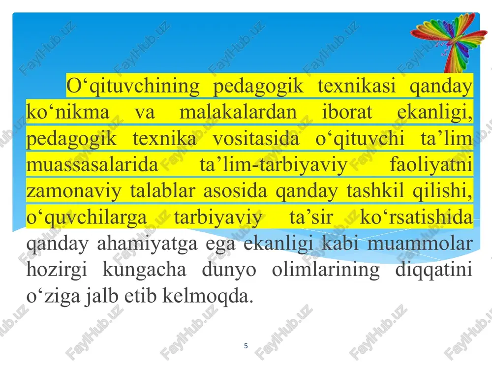 tilida minutiga 120 ta so‘z atrofida, ingliz tilida 120-150 ta so‘zgacha. tadqiqotlarga ko‘ra 5-6 sinflarda o‘qituvchi minutiga 60 ta so‘z, 9-11 sinflarda 75 tagacha so‘z gapirishi to‘g‘ri bo‘ladi. materialning murakkab qismini o‘qituvchi past tempda, keyin esa tezroq gapirishi kerak. mavzuga oid qoidalar va qonuniyatlar aytilganda, xulosa qilinganda nutq sekinlashadi. 21 diksiya - aniq talaffuz qilish. talaffuzning aniqligi o‘qituvchi uchun professional zarurat bo‘lib, o‘qituvchi nutqini talabalar tomonidan to‘g‘ri tushunilishini ta’minlaydi. talaffuzning aniqligi aytilayotgan so‘z, bo‘-g‘in va tovushlarning qat’iy aniqligidir. u nutq apparati barcha azolarini (lablar, jag‘, tishlar, yumshoq va qattiq tanglay, kichik til, kekirdak, tomoq orqa devori, tovush naychalari) birgalikda ishlashiga bog‘liqdir. til, lablar, yumshoq tanglay, kichik til va pastki jag‘ nutqda faol ishtirok etadi. shuning uchun ham ularni mashq qildirish muhim ahamiyatga egadir 22 artikulyasiya - aniq talaffuz qilishni takomillashtirish, ya’ni arti­kulyassiya - nutq organlarini harakatlantirish orqali vujudga keltiriladi. artikulyassiya gimnastikasi ikki turga bo‘linadi. birinchisi nutq apparatining dastlabki mashqlari va …