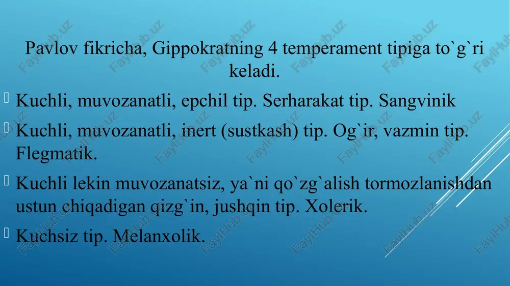 chi xarakterning qa’tiyligi xarakterning yaxlitligi 21 odam xarakteri bir qator omillar ta’sirida shakllanadi. bular quyidagilardir: ijtimoiy muhit tarbiya oila o’z - o’zini tarbiyalash maktab jamoasi. xarakterning aniqligi shaxsning xulq - atvorini uning ishonchiga, ma’naviy – siyosiy tasavvuriga, yo’nalishiga mos tushishda ifodalanadi. xarakterning qat’iyligi shaxs xatti harakatlarning o’ylanganligi, o’z qarashlarining va qabul qilgan qaroriga amal qilishda ifodalanadi. xarakterning yaxlitligi so’z va ish birligida ifodalanadi. xarakterning shakllanishi. 22 shaxsning xarakterri bir qancha sharoitlarda namoyon bo’ladi, bular quyidagilardir: 1. xarakterning faoliyatida namoyon bo’lishi. 2. xarakterning nutqda namoyon bo’lishi 3. xarakterning odamning tashqi ko’rinishida namoyon bo’lishi. 4. xarakterning turli vaziyatlarida namoyon bo’lishi. 5. nutqda namoyon bo’lishi 6. xarakterning odamning tashqi ko’rinishida namoyon bo’lishi. 7. xarakterning turli vaziyatlarida namoyon bo’lishi. 23 xarakter aksentuatsiyasi (yunoncha chfrakter – xususiyat, belgi, lotincha accetus – urg’u) – xarakterning alohida xususiyatlarini haddan tashqari ifodalanishi (psixopatiyaga yaqin nomoyonlashuvi). xarakter aksentuatsiyasini individual yondoshish, oilaviy psixoterapiya turini topishga yordam beradi. «aksentuatsiya» tushunchasi psixologiyaga …