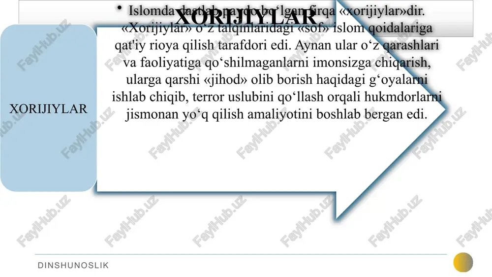at tuyg‘ularini kuchaytirish, jamiyatimizda diniy aqidaparastlikning har qanday ko‘rinishlarining oldini olish maqsadida vazirlar mahkamasining 1998 yil 26 martdagi 130-sonli «ijtimoiy-ma'naviy muhitni yanada sog‘lomlashtirish, diniy aqidaparastlikning oldini olish chora-tadbirlari to‘g‘risida»gi qarori qabul qilingan. respublikamizda diniy ekstremizm va terrorizmga qarshi kurashning o‘ziga xos huquqiy mexanizmi fuqarolarning huquq va erkinliklarini kafolatlash, diniy ta'lim tizimini takomillashtirish, diniy mazmundagi materiallarni tayyorlash va tarqatishni tartibga solish, shuningdek, din bilan bog‘liq turli nizolarning oldini olish orqali yurt tinchligi va xavfsizligini ta'minlashda o‘ziga xos xizmat qilmoqda dinshunoslik toshkent amaliy fanlar universiteti ijtimoiy fanlar kafedrasi dinshunoslik hsm e’tiboringiz uchun raxmat! dinshunoslik image1.png image3.png image4.png image5.jpeg image6.jpeg image7.png image8.jpeg image9.png /docprops/thumbnail.jpeg