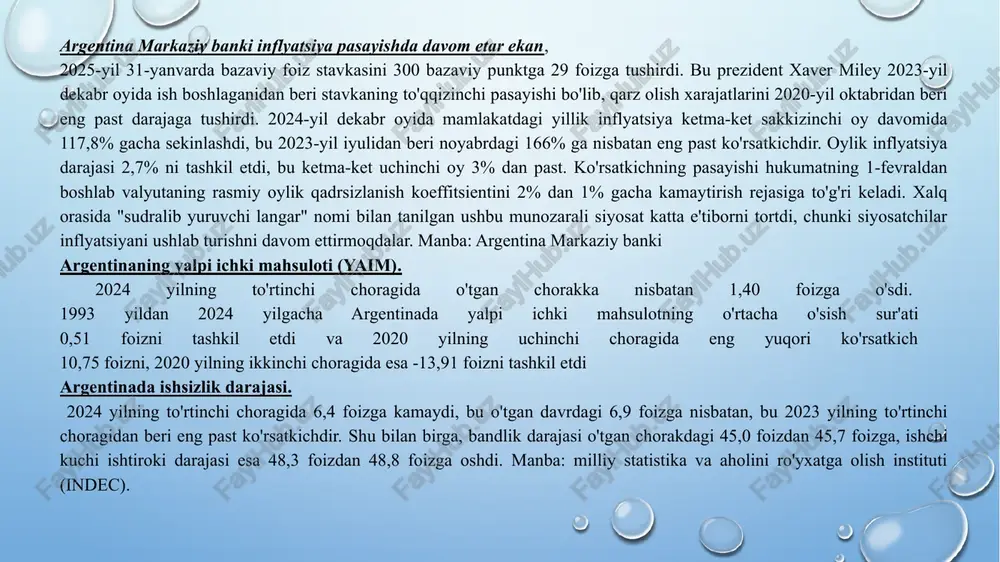 to'plangan. boshqa muhim markazlar kordova, rosario, tukuman, mendoza, san-luis va tierra del fuego bo'lib, ular sanoatni markazsizlashtirishga yordam beradi. million peso, 1981 yil qurilishning yaimga qo'shgan hissasi 5% ni tashkil etadi. million peso, 1981 argentina tog ' - kon sanoati tarixiy jihatdan argentinada qazib olish unchalik katta bo'lmagan, ammo so'nggi o'n yil ichida u asosan rudalar: oltin, platina, rux, marganets, uran, mis va oltingugurt tufayli o'sishni boshladi. mineral resurslar kordilyera yaqinida 4500 km uzunlikdagi uzun qismda to'plangan. litiy uchburchagi doirasida litiy qazib olinadi. qazib olingan xomashyo eksporti 1996 yilda 200 million dollar, 2004 yilda esa 1,2 milliard dollar daromad keltirdi, bu umumiy hajmning 3 foizidan ortig'ini tashkil etadi neft-kimyo umumiy seriyadagi gaz ushlagichlari argentina eksportining ikkinchi qatori benzin, tabiiy gaz, neft-kimyo mahsulotlari bo'lib, ular umumiy eksport hajmining 20 foizini tashkil etadi. asosiy konlar patagoniya, kuyo va shimoli-sharqda joylashgan; neuken provinsiyasi uglevodorod ishlab chiqarish zonasining markazida joylashgan. neft quvurlari va gaz …