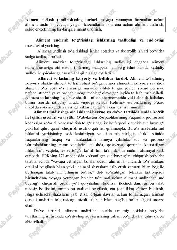 ayd etish organida nikohdan ajratilganlik ro‘yxatga olingan kundan, nikohdan sudda ajratilganda esa, sudning hal qiluv qarori qonuniy kuchga kirgan va fhdyo organida ro‘yxatdan o‘tkazilgandan boshlab nikoh tugatiladi. e’tibor bering er-xotinni yarashtirishni kelishuv bitimidan farqi. er-xotinni yarashtirishni kelishuv bitimidan farqi shundaki, er-xotinni yarashtirish uchun muddat beriladi. hamda ish ko‘rishni keyinga qoldirish to‘g‘risida ajrim chiqariladi. kelishuv bitimi tuzilganda taraflar shu predmet, shu asos bo‘yicha qayta murojaat qila olmadi hamda bu to‘g‘risida sud ish yuritishni tugatish to‘g‘risida ajrim chiqaradi. nikohni haqiqiy emas deb topish asoslari va tartibi. o‘zbekiston respublikasi oila kodeksining 49-moddasiga muvofiq, nikohni haqiqiy emas deb topish asoslari belgilangan bo‘lib, nikoh quyidagi hollarda haqiqiy emas deb topiladi: ♦ oila kodeksining 14-16-moddalarida belgilangan shartlar (nikoh tuzishning ixtiyoriyligi, nikoh yoshi, nikoh tuzishga mone’lik qiladigan holatlar) buzilganda; ♦ soxta nikoh tuzilganda, ya’ni er-xotin yoki ulardan biri oila qurish maqsadini ko‘zlamay nikoh qayd qildirganda; ♦ nikohlanuvchi shaxslardan biri tanosil kasalligi yoki odamning immunitet tanqisligi virusi (oiv …