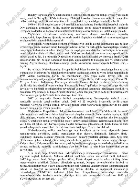 ston “ommaviy qirg‘in qurollarini tarqatmaslikni ta’minlash bo‘yicha kerakli xalqaro kafolatlarni qabul qilishni, yadro sinovlarini butunlay to‘xtatish xaqidagi shartnomaning tezda tuzilishi tarafdori” ekanligini ham ko‘rsatib o‘tdi. ushbu yig‘ilishda orol dengizi qurishi bilan bog‘liq bo‘lgan global muammo ham ko‘tarildi. prezident i.a.karimov “orol dengizining qurishi bilan bog‘liq ekologik fojea, butun er yuzini qamrab oladigan biosfera, o‘nlab million kishilarning hayot sharoitlari, salomatligi, nasliga halokatli ta’sir ko‘rsatuvchi global muammo” ekanligini ko‘rsatib, bugungi kunda bmtning tashkilotchilik faoliyatisiz bu muammoni hal etish mumkin emasligini ham asoslab berdi. 1995 yil 16 sentyabrda toshkentda bmtning markaziy osiyoda xavfsizlik va hamkorlik masalalariga bag‘ishlangan seminar-kengashi ish boshladi. dunyoning ko‘p davlatlari ishtirok etgan bu seminarda o‘zbekiston rahbarining so‘zlagan nutqi bosh hujjat sifatida qabul qilindi. xalqaro munosabatlar ravnaqi mamlakatimizda xavfsizlik va barqarorlikning, aholi turmush darajasini yuksaltirishning o‘ziga xos kafolati ekanligi hech kimga sir emas. shu bois ham o‘zbekiston rahbariyatining tashqi siyosatda mintaqaviy barqarorlikni saqlab qolish maqsadida ilgari surgan tashabbuslari ko‘pgina davlatlar va bmt …