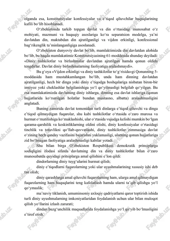 qod erkinligi; diniy tashkilotlar yoki ularning moliyaviy qo‘llab-quvvatlanishini davlat tomonidan tan olinishining taqiqlanishi; barcha dinlarga, hech bir istisnosiz teng munosabatda bo‘lish. fransiyaning dinning davlatdan ajratilishi to‘g‘risidagi qonuni diniy marosimlarni va odatlarni bajo keltirish jamoat tartibini muhofaza qiluvchi hokimiyatlar ruxsati va nazorati bilan amalga oshirilishini belgilab qo‘ydi. kooperatsion, ya’ni neytralitet modeli gfrda yaqqol namoyon bo‘lgan. davlat bilan diniy tashkilot o‘rtasidagi munosabatlar davlat hokimiyatining ustuvorligi e’tirof etilgan, davlat-cherkov huquqiga o‘sib chiqdi. xix asrda diniy tashkilot tomonidan o‘zini-o‘zi belgilashga bo‘lgan huquqining tan olinishi davlat bilan din o‘rtasida o‘zaro faoliyat doirasining yanada aniq belgilab olinishini belgilab berdi. veymar konstitutsiyasi davridan boshlab germaniyada davlat-cherkov munosabatlari sekulyar bo‘lib qolgan davlat bilan cherkov erkinligi o‘rtasidagi muayyan masofa bilan xarakterlanadi. hozirgi kunda bunday masofani «neytralitet» termini bilan atash odat bo‘lgan. hozirgi kunda davlat-cherkov munosabatlari gfr asosiy qonunining 140-moddasi bilan tartibga solinadi. o‘z navbatida konstitutsiyaning mazkur moddasi 1919 yilgi veymar konstitutsiyasining 136-139, 141- moddalaridan tashkil topgan. bu boradagi asosiy …