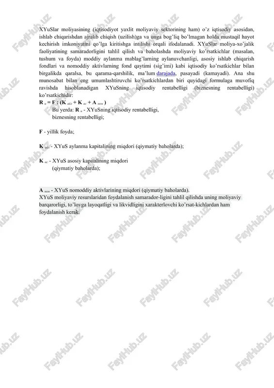 ar va maqsadli xarakterdagi tushilmalar hisobidan shakllantiriladigan moliyaviy resurslar (boshqa tashkilotlar va jismoniy shaxslardan tushilmalar, byudjet subsidiyalari va h.k.). 2. xo’jalik yurituvchi sub’yekt moliyaviy resurslaridan foydalanish samaradorligi iqtisodiy munosabatlarni takror ishlab chiqarish shakllaridan biri sifatida xyuslar moliyasining harakati minimal xarajatlarda maksimal natijalarning olinishini nazarda tutuvchi samaradorlikning umumiqtisodiy me’zo-niga bo’ysunadi. shu sababli xyus moliyaviy resurslaridan foydalanish samaradorligini quyidagi formula orqali tasavvur etish mumkin: s mr = n m f : x mr bu yerda: s mr - xyus moliyaviy resurslaridan foydalanish samaradorligi; n m f - ma’lum davr (o’tgan yoki rejali) uchun xyus faoliyatining moliyaviy natijasi; x mr - shu moliyaviy natijani qo’lga kiritish uchun xyus tomonidan sarflangan (yoki rejalashtirilgan) moliyaviy resurslar xarajatlari xyus moliyaviy resurslaridan foydalanish samaradorligini aniqlashda shu narsani inobatga olish kerakki, moliyaviy natija faqatgina moliyaviy emas, balki moddiy va mehnat resurslari xarajatlarining natijasi hamdir. shuning uchun ham, masalan, mahsulotni realizatsiya qilishdan olingan foydani taqqoslab turib, buning natijasida faqat …