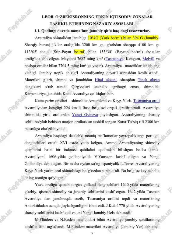 i isbot etdi. j.kuk 1770-yilda avstraliyaning sharqiy sohillarini kashf etdi va uni yangi janubiy uels deb atadi. m.flinders va n.boden tadqiqotlari bilan avstraliya janubiy sohillarining kashf etilishi tugʻallandi. m.flinders materikni avstraliya (janubiy yer) deb atadi va xix asrdan shu nom bilan mashhur boʻlib qoldi. avstraliyaning ichki qismi yevropaliklarning chorva mollari uchun yaylov va suv qidirish maqsadlarida oʻrganiddi. koʻpdan-koʻp geografik tadqiqotlar natijasida butun avstraliyaning tabiat boyliklari asosan oʻrganib boʻlindi. bu esa qitʼaning xoʻjalik jihatdan tez oʻzlashtirilishiga olib keldi. keyingi vaqtlarda qazilma boyliklar qidirib topish borasida xususiy tadqiqotlar olib borilmoqda. avstraliya avstraliyada avstraliya davlati joylashgan. avstraliya taxminan 50 000 yil oldin inson yashagan, uning tub aholisining qoldiqlari avstraliyalik aborigenlar hisoblanadi. avstraliyaning hujjatlashtirilgan tarixi xvii asrning boshlarida yevropaliklar tomonidan kashf qilinishi bilan boshlandi. yevropaning avstraliya qirgʻoqlariga birinchi boʻlib gollandiyalik villem yanszon qadam bosgan va kashf etgan. hujjatlashtirish ishlarii 1606-yilda sodir boʻlgan. undan tashqari, xvii asrda yana 29 gollandiyalik dengizchilar qitʼaning gʻarbiy va janubiy …