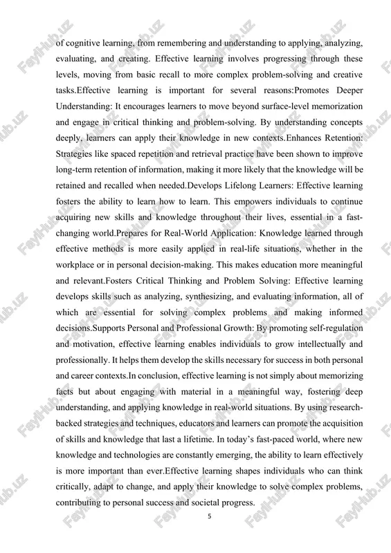 skills and knowledge that last a lifetime. in today’s fast-paced world, where new knowledge and technologies are constantly emerging, the ability to learn effectively is more important than ever.effective learning shapes individuals who can think critically, adapt to change, and apply their knowledge to solve complex problems, contributing to personal success and societal progress. 1.2. psychological and pedagogical basis of learning the psychological and pedagogical basis of learning refers to the understanding of how individuals learn, what motivates them, and the strategies that can be used to facilitate effective learning. this foundation combines psychological theories on how the mind works with pedagogical methods designed to improve educational outcomes. together, these frameworks guide educators in creating environments that enhance learning and promote long-term knowledge retention. psychological principles are crucial in understanding how learning occurs. several psychological theories provide insights into how people acquire, process, and retain information. key psychological concepts that …