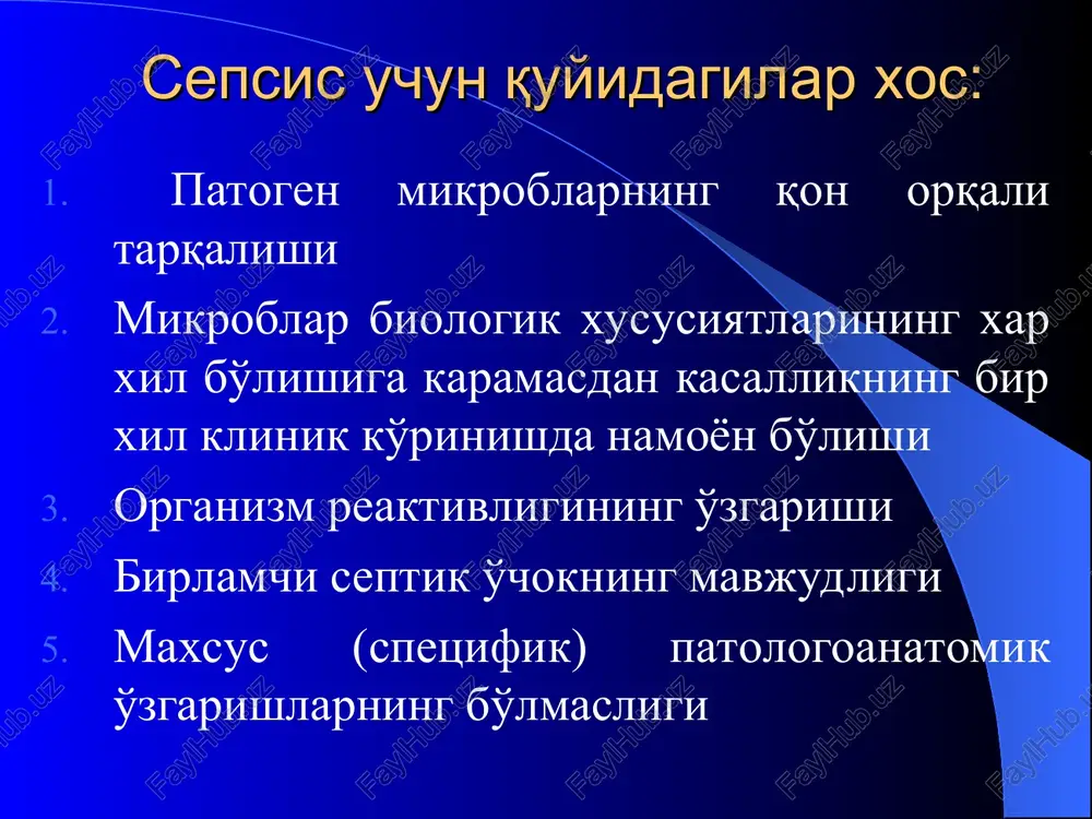 a degenerativ o'zgarishlar, sepsis ikkilamchi metastazlar bilan kechgan hollarda esa teri osti kletchatkasida, a'zo va bo'shliqlarda ko'p sonli abstsesslar aniqlanadi. taloq qonga to'lishgan, kattalashgan, kesib ko'rganda septik qirindi (septicheskiy soskob) aniqlanadi. mikroskopik tekshiruvda taloq pulpasining proliferatsiyasi, gemolizga uchragan eritrotsitlarning kobiqlari, va xujayralar nekrozi ko'rinadi. limfa tugunlarining kattalashuvi, nekrotik yiringli o'zak saqlovchi tanglay murtaklarining shishganligi xarakterli. jigarda stromaning yallig'lanishi ko'rinishida septik gepatit manzarasi, buyraklarda nekrotik nefroz va septik nefrit aniqlanadi. miyada shish, miya pardalariga qon quyilishi, ikkilamchi meningit va entsefalit topiladi. o'pkalarda gemorragik yallig'lanish belgilari, ichki a'zolarda esa ko'p sonli abstsesslar topiladi. sepsisning tasnifi: etiologiyasiga ko'ra: 1. aerob a) grammusbat: stafilokokkli, streptokokkli, pnevmokokkli. b) grammanfiy: proteyli, ko'k yiring tayoqchali, salmonellezli, esherixiyali, klebsiellali 2. anaerob a) spora xosil kilmaydigan mikroorganizmlar (noklostridial). b) spora xosil kiluvchi mikroorganizmlar (klostridial). kandidozli polimikrob kelib chikishiga ko'ra jaroxatdan keyingi (ranevoy) operatsiyadan keyingi (posleoperatsionniy) ichki (vnutrenniy) (pnevmoniyadan, anginadan keyin). kriptogen klinik kechishiga ko'ra yashin tezligida kechuvchi (molnienosniy), keskin …