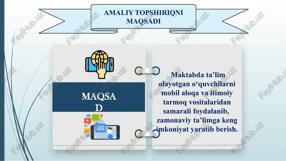 mobil testlarni tashkil etish. maktab direktori, mmibdo‘, maktab psixologi, sinf rahbari, informatika o’qituvchisi. har chorakda bu o'rganish jarayonini qulaylashtiradi va o'quvchilarning o'zlashtirish darajasini oshiradi. chora-tadbir namunasi t/r muammo amalga oshirish mexanizmi mas’ullar muddati natija 3 oilada ota-onalar tomonidan uyali aloqa vositaalaridan samarali foydalanish haqida yetarli ko’rsatmalar berilmasligi ota-onalarga yig’ilishlarda va turli tadbirlarda uyali aloqa vositalaridan foydalanishning foydali va zarali oqibatlarini tushuntirish va shu orqali o‘quvchilarga ta’sir o‘tkazish maktab raxbari, mmibdo`, maktab psixologi, sinf raxbarlar, har chorakda ota-onalar va o‘quvchilar uyali aloqa vositalaridan samarali foydalanish usullarini va ba’zi zararli axborot saytlaridan ogoh bo‘lish haqida ma’lumotlarga ega bo‘ladi. chora-tadbir namunasi mavzuga oid adabiyotlar 1. mirzahmedova, n.d., 2022. raqamli texnologiyalarining ta‘lim sohasida qo‘llanilishi. oriental renaissance: innovative, educational, natural and social sciences, 2(5-2), pp.538-545 2. baskar, s., 2013, "mobil ilovalar bolalik ta'limiga qanday ta'sir qiladi", http://edtechreview.in/e-learning/529-mobile-apps- effects-childhood-education dan olingan internet saytlari http://lex.uz//docs/-2013801 o‘zbekiston respublikasi ta’lim muassasalarida mobil telefonlardan foydalanishni tartibga solish chora-tadbirlari to‘g‘risida https://kun.uz/news/2022/11/15/dunyo-aholisi-8-milliardga-yetdi-yerda-odamlar-soni-ideal-miqdorda-bolishi-kerakmi?q=%2fuz%2fnews%2f2022%2f11%2f15%2fdunyo-aholisi-8-milliardga-yetdi-yerda-odamlar-soni-ideal-miqdorda-bolishi-kerakmi …