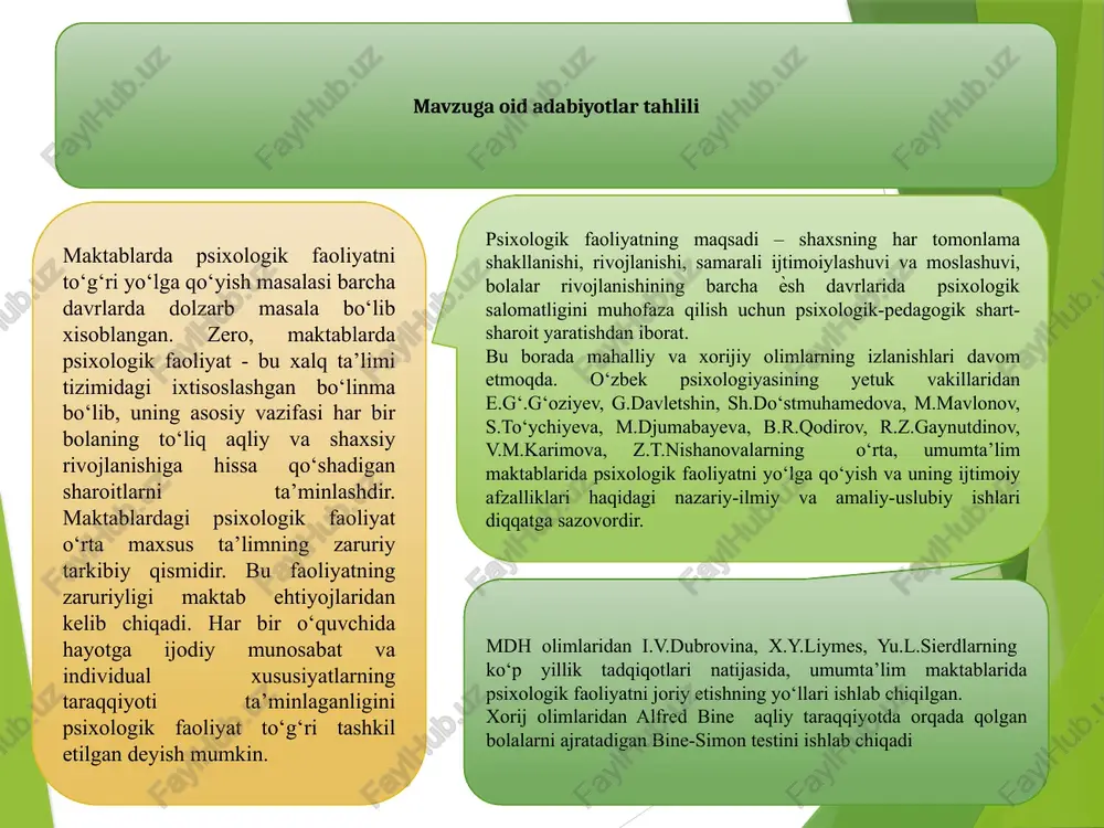 iriladigan chora-tadbirlar rejasi. t/r muammo amalga oshirish mexanizmi mas’ullar muddati natija 1 psixolog kadrlar salohiyati muammosi yetuk rivojlangan psixolog shakllanadi a) psixologlarni ko‘proq o'quv amaliyoti va treninglarga jalb qilish zarur direktor, mmibdo‘ va o‘tibdo‘ o‘quv yili davomida b) psixologlarga mustaqillik berib, ularni ko'proq o'z ustida ishlatish zarur direktor o‘quv yili davomida 2 psixologlarning hujjatlar muammosi hujjatbozlikni kamaytirib ko'proq amaliy ishlar olib borish zarur direktor o‘quv yili davomida psixologlardan ko'zlangan natijaga erishish 3 psixologik testlarning ko‘pligi va eskirganligi psixoemotsional testlarni zamonga moslab almashtirish maktab psixologi doimo yangi testlardan bolaning haqiqiy ruhiyatini bilish mumkin e'tiboringiz uchun raxmat! image1.png image2.png image3.png image4.jpeg image5.jpeg image6.jpeg image7.png image8.png /docprops/thumbnail.jpeg