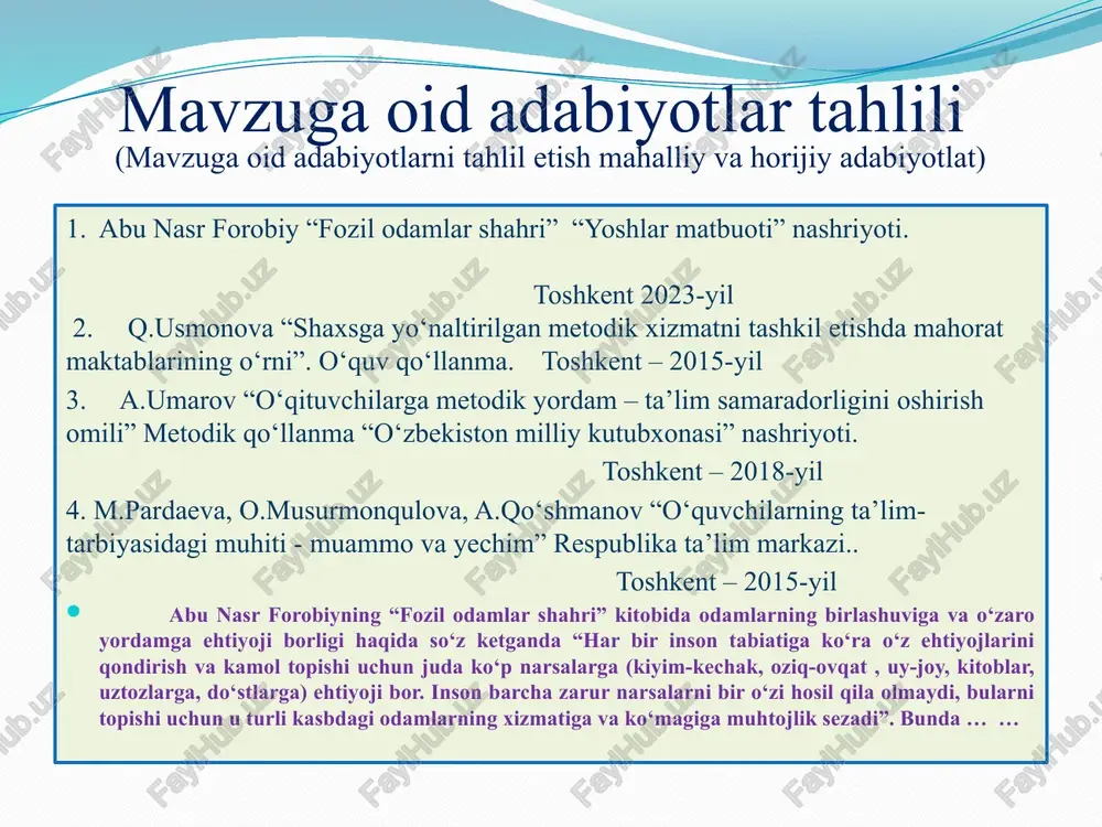 jobiy rivojlanishini ta’minlaydi. ‘ t/r muammo muammoning yechimini amalga oshirish mexanizmi mas’ullar muddati natija 1 yangi metodik adabiyotlar yetishmasligi elektron kutubxonalardan foydalanish. maktab direktori va kutubxonachi har o‘quv yili boshida kutubxonada ma’lumotlar ko‘payadi 2. metodbirlashmalar faoliyati strategik rejalashtirilmaganligi 1.metodbirlashma yig‘ilishini tashkil qilish, ularga yillik qilmoqchi bo‘lgan ishlaridan kelib chiqib yillik ish reja tuzish. maktab direktori, o‘ibdo‘, metod birlashma rahbari o’quv yili boshida ta’lim sifati samaradorligi oshadi 2.unda to‘garaklar, tadbirlarni joylashtirishini nazoratga olish. 3.ish rejada dars tahlillari ta’limga tegishli masalalarni joylashtirish. 3 metodbirlashmalar o‘rtasidagi sog’lom raqobatning yo‘qligi maktabda metodbirlashmalararo tanlovlar tashkil etish maktab direktori, o‘ibdo‘, metod birlashma rahbari o‘quv yili davomida (har oyda) raqobat sababli metod birlashma xodimlari o‘z ustida ishlashi 4 metodbirlashma rahbarlarini ularning a’zolarini yoki shu fandan o‘quvchilarni yuqori natijaga erishishiga qarab qo‘shimcha rag‘batlantirmayotganligi 1.maktab rahbari tomonidan loyiha ishlab chiqish. maktab direktori 3 oy ta’lim sifatini oshirish 2. kadrlar salohiyatini oshirish va ularni rag‘batlantirishda vazirlar mahkamasining 2019-yil 22 apreldagi …