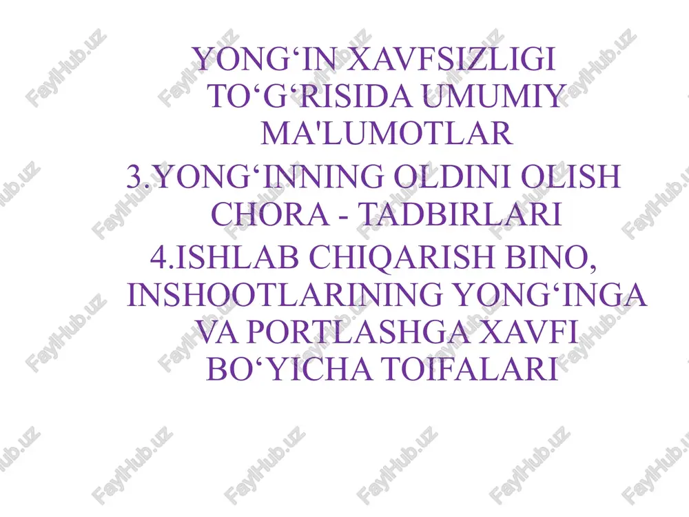 sh va na portlash xavfi mavjud emas. a toifa bug‘larining chaqnash harorati. 28°s va undan past bo‘lgan juda ko‘p suyuqliklar yoki pastki portlash chegarasi havo hajmiga nisbatan 10% va undan kam bo‘lgan yonuvchi gazlar ishlatiladigan ishlab chiqarishlar kiradi. bunda portlash xavfi bo‘lgan aralashmalar xona hajmining 5% dan ortiq hajmida hosil bo‘la olishi shart. bu toifaga benzin, kaltsiy karbid saqlanadigan omborlar kiradi.bunday ishlab chiqarishlarga pichan uni tayyorlanadigan va tashiladigan sexlar, tegirmon hamda juvozxonalarning ajratish va to‘yish bo‘linmalari, elektrostantsiyalar yoki qozonxonalarning mazut xo‘jaligi, ammiak bilan sovitish qurilmalarining apparat va mashina bo‘limlari kiradi. bu guruhga kiruvchi kimyo sanoatining atseton, oltingugurt, karbon, efir, superfosfat va boshqa moddalarni ishlab chiqaruvchi korxonalarni misol qilib ko‘rsatish mumkin. b toifa ham yonish va portlash xavfi bo‘lgan, chaqnab yonish harorati 28os dan yuqori bo‘lgan, yengil alangalanuvchi suyuqlik bug‘lari, yonuvchi chang va gazlar havodagi kislorod bilan suv bilan qo‘shilganda xavfli, portlovchi aralashma hosil qiluvchi miqdorda bo‘lib, ular yonganda xonadagi xavfli …
