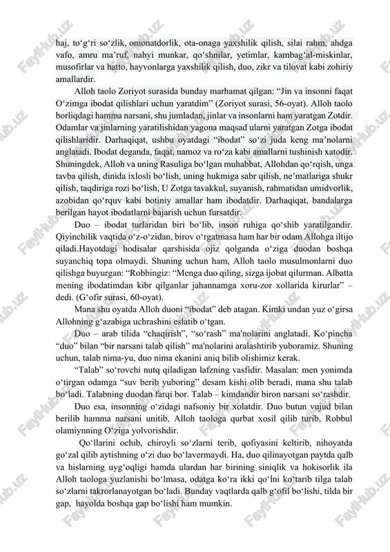 va mamlakatimizda ro‘y berayotgan voqea-hodisalar, ijtimoiy-siyosiy vaziyatning tahlili diniy-ma’rifiy sohadagi faoliyat samaradorligini oshirishni va malakali kadrlar tayyorlashning yaxlit tizimini yaratishni taqozo etmoqda. mana shunday talab va ehtiyojlardan kelib chiqib 2018 yil 16 aprelda o‘zbekiston respublikasi prezidentining “diniy-ma’rifiy soha faoliyatini tubdan takomillashtirish chora-tadbirlari to‘g‘risida”gi farmoni qabul qilindi. farmon bilan yetakchi ta’lim va ilmiy-tadqiqot muassasasi hisoblangan o‘zbekiston xalqaro islom akademiyasi tashkil etilib: diniy va dunyoviy bilim berishga ixtisoslashgan islom va jahon sivilizatsiyasiga bebaho hissa qo‘shgan ajdodlarimizning boy madaniy merosini chuqur o‘rganish asosida yoshlarning ongu tafakkurini shakllantirish; dinni zo‘ravonlik va qon to‘kish bilan bir qatorga qo‘yadigan buzg‘unchi yot g‘oyalarning asl mohiyati va maqsadlari haqida aholining, ayniqsa, yoshlarning xabardorlik darajasini oshirish; jamiyatda milliy va diniy qadriyatlarimizga yot bo‘lgan g‘oyalarga nisbatan toqatsizlik muhitini shakllantirish; jamiyatda bag‘rikenglik, o‘zaro hurmat, mehr-oqibat, tinchlik va totuvlikni, ijtimoiy-ma’naviy muhit barqarorligini ta’minlashda diniy-ma’rifiy soha vakillarining daxldorlik hissi va ishtirokini yanada oshirish; globallashuv sharoitida jamiyatimizdagi ijtimoiy-ma’naviy muhit barqarorligi va e’tiqod erkinligiga tahdid …