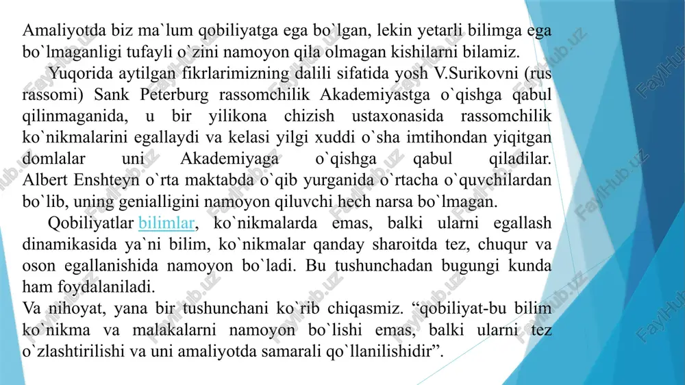 asosiy vazifalaridan biridir va uni to`g`ri hal qilinishida tasviriy san`atdagi qobiliyatlarining asosiy ko`rinishidir. badiiy ijodiyot jarayonida ko`rish tasavvurlari muhim ahamiyatga ega. biror bir materialni olib uni anglanilgan va maqsadga yo`naltirilgan ijod orqali badiiy obraz yuzaga keladi va predmetning o`ziga xos xususiyatlari namoyon bo`ladi. a.g.kovalev tasviriy faoliyatda tayanch sifatida -qo`llar chaqqonligi deb, hisoblaydi. bundan tashqari ijodiy qobiliyatlarning namoyon bo`lishida ham insonning emostional kayfiyati muhim ahamiyatga egadir. tashkilotchilik qobiliyatlarni uzoq vaqt l.i.umanskiy o`rgangan muallif tashkilotchilik qobiliyatlarining tizimini yaratadi. uning fikricha tashkilotchilik qobiliyatiga ega bo`lgan kishilar quyidagi xususiyatlarga ega bo`lishi kerak: a) shaxsning yo`nalganligi: b) uning tayyorgarligi: v) umumiy xususiyatlar (kirishimlilik, rivojlanishning umumiy darajasi, amaliy aql, kuzatuvchanlik, faollik, tashabbus-korlik, qat`iylik, tashkilotchilik, o`z-o`zini boshqara olishi). g) maxsus xususiyatlar (tashkilotchilik xis, psixologik kash- fiyotchilik, psixologik takt: emostional – irodaviy ta`sir etish, talabchanlik, tanqidiylik, tashkilotchilik faoliyatiga moyillik): d) shaxsiy individual xususiyatlar. pedagogik qobiliyatlarni n.v.kuzmin, f.n. gonobolinlar tadqiq etgan. ular pedagogik qobiliyatlarning tizimida quyidagi qismlarni kiritganlar. a) …