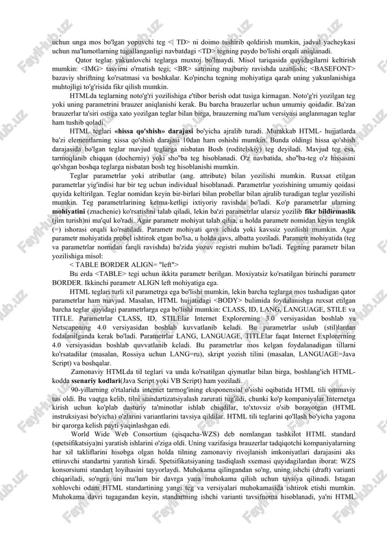 ng uchun informatsion to'ldirish uchun mas'ul hisoblangan odam bilan birgalikda web-saytning har bir saxifasida qanaqa axborotlar (matn, tasvir, animatsiya va b.k.) joylashganligi aniqlanadi. barcha olingan ma'lumotlar har bir masala qarshisida bajaruvchi va bajarish muddati ko'rsatiladigan jadvalga o'tkazilishi shart. bundan tashqari, web-dizayner bilan birga web-saytning har bo'limlarida ishlatish mumkin bo'lgan sahifalar shablonlariga belgi qo'yish va ularning miqdorini aniqlash zarur bo'ladi. masalan, "bosh sahifa", "bo'lim bosh sahifasi", "bir sahifali maqola", " ko'p sahifali maqola" va b.q. olingan axborotlar web-dizayner va html-koder uchun to'la ish hajmini aniqlab beradi; loyihani bajarish uchun zaruriy vaqtni ob'ektiv baholashda yordamlashadi. shunday qilib, web-saytni amalga oshirish uchun quyidagilar mavjud: · maqsadli foydalanuvchilar aniqlanadi; · informatsion struktura aniqlanadi; · navigatsion model tadqiq qilinadi; · informatsion to'ldirishning hajmi aniqlanadi; · sahifa shablonlari xususiyati (spetsifika) va miqdori aniqlanadi. bu bosqichda web-sayt uchun masalaning ko'ndalang qo'yilishi tugallanadi. lekin, dinamik web-sayt uchun uning funksionalligini aniqlash, ya'ni web-sayt dasturiy qismining zarur funksiyalarini ro'yxat qilish, …