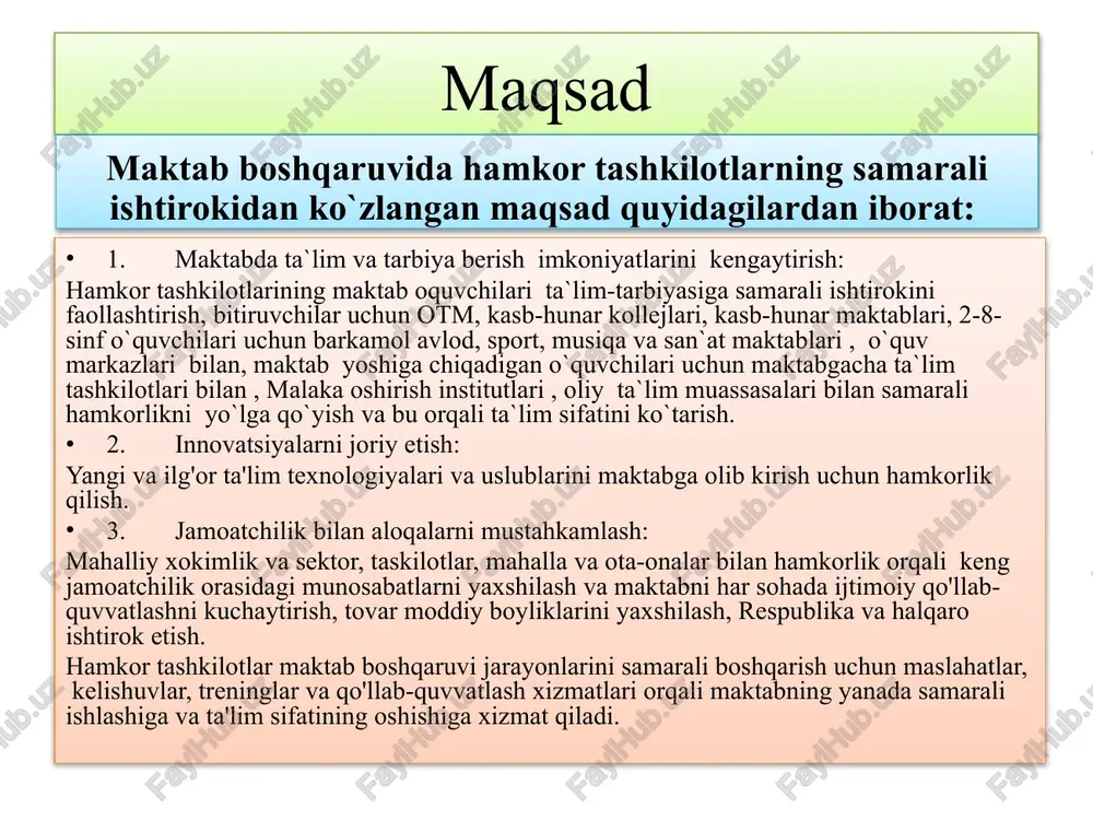 otlar, sohalarning rivojlanishida va ta'lim muhitini o'zlashtirishda katta rol o'ynaydi. masalan, texnologiya va sanoat korxonalarining maktablar bilan qo'shimcha resurslar va dasturlar ishlab chiqiladi. 2. universitetlar va akademik institutlar bilan hamkorlik: germaniyada universitetlar va akademik institutlar, masalan, humboldt universiteti va teknik universitetlar, maktablar bilan ta'lim tizimini o'zlashtirishda katta hissa qo'shadilar. bu, o'quvchilarga ilmiy-tadqiqotlarda qatnashish imkoniyatini beradi va o'quv jarayonlarini takomillashtirishda muhim rol o'ynaydi. 3. bilim va innovatsiyalar uchun o'quvchilarni tayyorlash: germaniyadagi korporativ tashkilotlar va universitetlar, o'quvchilarni yangi texnologiyalar, innovatsiyalar va kasb-hunar bilan ta'minlash orqali mehnat bozori uchun tayyorlashda hamkorlik qilishadi. 4. tarbiya tizimining rivojlanishi: hamkor tashkilotlar, tarbiya tizimini o'zlashtirish uchun yangi ta'lim uslublari va dasturlar tashkil etishda o'rtacha ta'sir ko'rsatadi. bu, o'quvchilarning ta'lim sifatini yuqori darajada saqlash va ta'limning shaffoflashtirilishi uchun muhimdir. qiyosiy tahlil etilganligi amaldagi holat (o‘zbekistonda) amaldagi holat (singapur,) taklif markazlashgan boshqaruv: - o'zbekiston ta'lim tizimi markazlashgan bo'lib, maktablar davlat ta'lim vazirligiga bo'ysunadi. markazlashgan va samarali boshqaruv: - singapur …