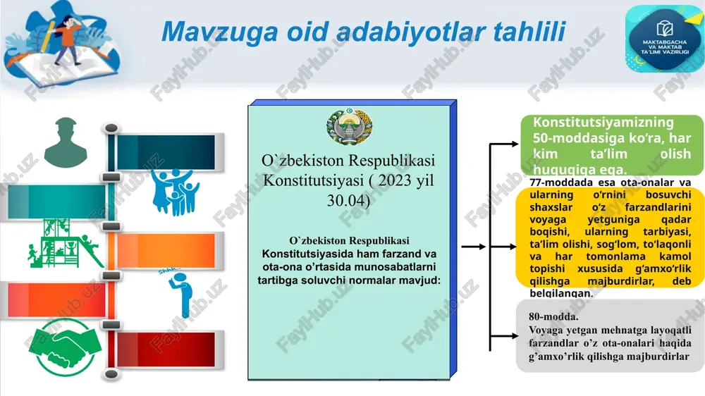 ay ekan maktab rahbari va jamoasining eng asosiy vazifasi- bu nafaqat maktab ichida balki tashqi muhitga ham ma`rifat nurini tarqatishdir. bugun biz o`qituvchilar “maoshimiz yana oshsa yaxshi bo`lardi , ishimiz og`ir” deb emas, balki, bugun men xxi asr o`quvchisiga ta`lim- tarbiya berishga tayyormanmi , ularning ota- onalarini to`g`ri yo`naltira olyapmanmi degan savol bilan faoliyat yuritishimiz kerak deb o`ylayman. boshing egib , ta`zim ayla , shukrona ayt, seni guldek erkalagan chaman uchun . osmonlarda yurgan bo`lsang , tuproqqa qayt, aytgil do`stim , nima qildik vatan uchun! ( iqbol mirzo) xulosa takliflar maktabda “ lider o`quvchilar” guruhlari bilan birga “ lider ota –onalar” guruhlarini ham shakllantirish kerak. ular bilan hamkorlikda maktabda olib borilayotgan har bir ishni ota- onalar jamoasiga yetkazish. ( ham onlayn, ham yuzma- yuz) “ oilam va maktabim daraxti” loyihasi. “ ota- ona murabbiy “ loyihasi. “ mustahkam oila- baxtli maktab” loyihasini yo`lga qo`yish . 15 16 amalga oshiriladigan chora …