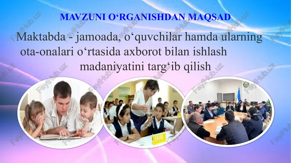 ng‘ich sinflardan boshlab axborot madaniyati tushunchasini singdirib borish 1 2 chora-tadbirlar rejasi № muammo muammoning yechimini amalga oshirish mexanizmi mas’ullar muddati natija 1 maktabda o‘quvchilar va pedagoglar o‘rtasida axborot bilan ishlash madanyatini shakllantirish har bir fan kabineti oldiga, foye, kutubxonaga, zallarga fan o‘qituvchilari tomonidan fanlarga oid muhim yozuvlar, sanalar yozdirish, jadidlar hayotidan lavhalar , buyuk ajdodlarimiz hayotidan lavhalar yozib barchasi uchun qr kodlar yaratib qo’yib chiqish maktab ma’muriyat kutubxonachisi, psixologlar, fan o‘qituvchilari, ona tili va adabiyoti fani o‘qituvchisi 2024-2025 o‘quv yili davomida maktabda o‘quvchilar va pedagoglar o‘rtasida axborot bilan ishlash madanyati shakllantiriladi, taʼlim muassasasida sogʻlom ijtimoiy- psixologik muhit yaratiladi, odob-axloq madaniyati va muloqot qobiliyati rivojlantiriladi, yuksak maʼnaviy-axloqiy fazilatlari tarbiyalanadi, oʻquvchilar sogʻligʻi saqlanadi. 2 har bir o‘qituvchi, maktabda matematika, geografiya, shuningdek jismoniy tarbiya va barcha fan o‘qituvchilari o‘z dars mashg‘ulotlaridada axborot bilan ishlash madaniyatini tatbiq etishlari va ularning nazoratga olinishi. maktab direktori, o‘quv ishlari bo‘yicha direktor o‘rinbosari 2024-2025 o‘quv yili davomida …