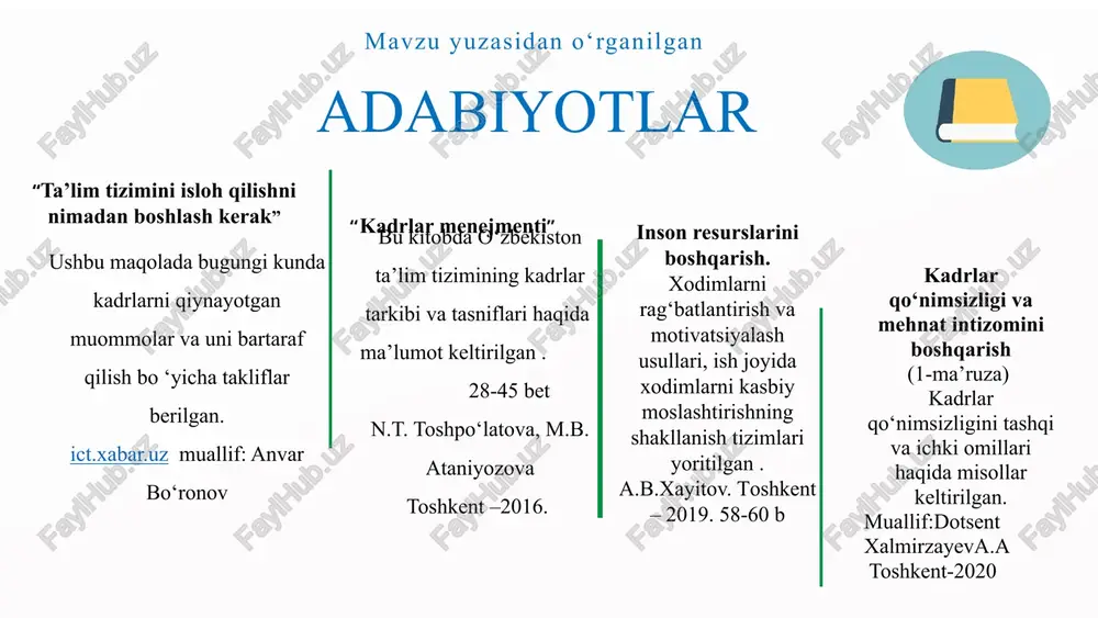 shlarini tizimli yo‘lga qo‘yishi kerak. xulosa takliflar kadrlarni kasbiy rivojlantirish bo‘yicha qilinadigan ishlar maktabdagi bo‘sh ish o‘rinlari, ya’ni vakant lavozimlarni vaqtida aniqlash pedagog xodimlar o‘rtasida do‘stona munosabatni yaratish va jamoada sog‘lom muhitni rivojlantirish, har bir pedagogik xodimni yutuqlarini keng jamoatchilikka, ota-onalarga ijtimoiy tarmoqlar orqali muntazam tanishtirib borish ishlash uchun qulay va zamonaviy xavfsiz ish muhitini yaratish chora-tadbirlar № muammo amalga oshirish mexanizmi mas’ullar muddati natija 1 maktabdagi bo‘sh ish o‘rinlari, ya’ni vakant lavozimlarni vaqtida aniqlash. ijtimoiy tarmoqlar orqali bo‘sh ish o‘rinlari haqida e’lonlar berish va nomzod kadrlar ro‘yxatini shakllantirib borish. direktor, kadrlar o‘yicha menejer. har oyning 10-sanasigacha natijada nomzodlar soni ko‘payadi, tanlov imkoniyati ortadi. 2 kadrlarni kasbiy rivojlantirish bo‘yicha qilinadigan ishlar . o‘qituvchilarni doimiy kasbiy rivojlanish dasturlari bilan qo‘llab-quvvatlash, ustoz-shogird an’analarini kuchaytirish. trening va seminarlar tashkil etish. maktab direktori, metod birlashma rahbarlari, ruhshunos 1-noyabirdan maktabda ishonchli va tahliliy ma’lumotlarga ega bo‘lish va rejalar tuzish 3 o‘qituvchi uchun xavfsiz va zamonaviy …