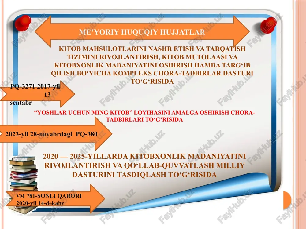 iy o’quvchilarda ziyolilarga bo’lgan hurmat va o’z ustida ishlash ko’nikmasini shakllantiradi. 3 maktab kutubxonachilarini tajriba almashish mexanizimini yo’lga qo’yish hududiy bo‘linmlar tomonidan maktablarga taqsimlash direktor mmibdo’ doimiy kutubxonachilar o’z ustida ishlashydi va malakasi oshadi e’tiboringiz uchun rahmat ! image2.png image3.png image4.png image5.png image9.jpeg image6.jpeg image7.jpeg image8.png image10.jpeg image11.jpeg image12.jpeg image13.png image14.png image15.png image16.png image17.png image18.jpeg image19.png /docprops/thumbnail.jpeg