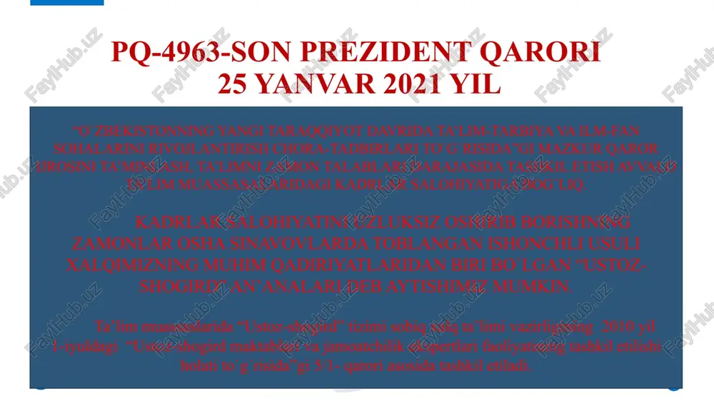gan talabgorlarni kasbiy sertifikatlash tizimi joriy etiladi. oliy ta’limni bitirgandan keyin albatta o`qituvchi bo`lish uchun litsenziya olishlari kerak 3 amaldagi holat (o`zbekiston) amaldagi holat (janubiy koreyada) hozirgi kunda chet davlat institutlariga shunchaki kontrakt-shartnoma to`lov asosida o`qishga qabul qilinib kelishilgan holda o`zbekiston nodavlat institutlariga kuchirib kelishadi yoki to`g`ridan-to`g`ri nodavlat institutlariga taklif asosida kontrak-shartnoma asosida to`lab o`qishni boshlashadi. pedagogika fakultetiga hujjat topshirgan talabalar bilan alohida suhbat o`tkaziladi. shu yo`l bilan talabalar o`qituvchi bo`lmasdanoq nazorat qilinadi. o`qituvchilar malakasini yanada oshirish uchun xorijga yuboriladi 12 maktabda "ustoz-shogird" tizimini yo`lga qo`yish bo`yicha olib borilgan tadqiqot, ushbu tizimning ta’lim sifatiga, yosh o`qituvchilarning motivatsiyasi va shaxsiy hamda kasbiy rivojlanishiga ijobiy ta’siri borligini ko`rsatdi. tadqiqot natijalari shuni tasdiqladiki, ustozlar bilan shaxsiy va yaqin muloqot o`rnatish, o`quvchilarni yangi bilimlarni o`zlashtirishga va muammolarni mustaqil hal qilishga undaydi. shuningdek, bu tizim o`qituvchi va o`quvchilarning ijtimoiy ko`nikmalarini rivojlantirishda muhim rol o`ynaydi, ularning jamoada ishlash qobiliyatini oshiradi va o`zaro hurmat hamda yordam ko`rsatish …