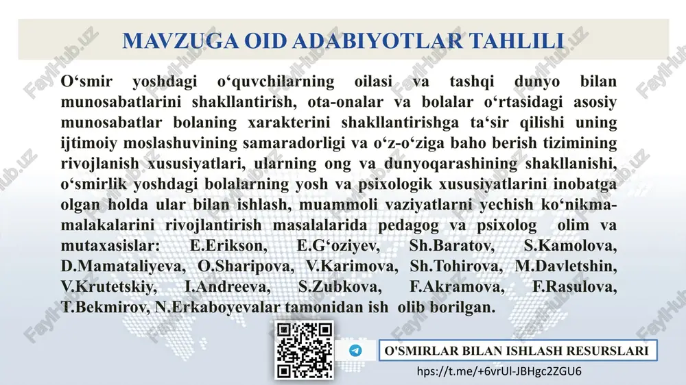 o'smirlar o‘rtasida samarali chora-tadbirlar ishlab chiqilgan qiyosiy tahlil amaldagi holat 12% 5% 6% 6% 3% 4% 7% 5% 2% 4% 4% 1% jinsiy zo'ravonlik o'zbekistonda rossiyada germaniyada finlandiyada 3 4 2 1 suitsid o'zbekistonda rossiyada germaniyada finlandiyada 6 12 5 4 giyohvandlik o'zbekistonda rossiyada germaniyada finlandiyada 5 6 7 4 amaldagi holat (o‘zbekistonda) amaldagi holat (xorijda) takliflar farzand ulg‘ayar ekan har bir ota-ona uning ta‘lim-tarbiyali,jismonan sog‘lom,manan yetuk,ma’naviyatli va komil inson bo‘lishni xoxlaydi. lekin shuni aytish joizki aksariyat ota-onalar tarbiya berishda asosiy yukni maktablarga yuklab qo‘ymoqda. bu esa aksariyat o‘smir yoshdagi o’quvchilarning ta’lim-tarbiyasi qay darajada ekanligi hammamizga ayondir. shu sababli o‘smirlik davrida ro‘y beradigan hodisalarning oldini olish bo‘yicha profilaktik ishlar samarali yo‘lga qo‘yilmagan. buning natijasida o‘smirlar tamonidan giyohvandlik,suitsid,jinsiy zo‘ravonlik hali hamon uchrab turibdi. bunga bir nechta sabablarni ko‘rsatish mumkin; o‘smirlar bilan ishlashda ota-onalarning psixologik savodxonligi yetishmasligi 2) o‘smirlarda kuzatiladigan kamchiliklarni bartaraf qilishda ota-ona va maktab hamkorligining to‘g‘ri yo‘lga qo‘yilmaganligi va v.k …