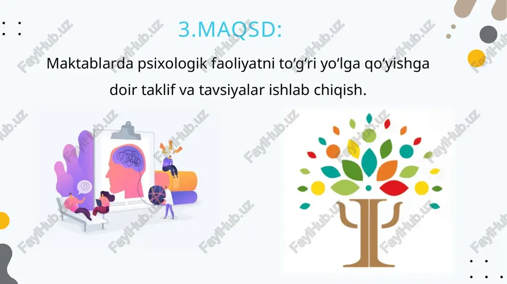 hlar yetakchisi. c) tuman mmt bo‘limi psixolog metodisti. maktab direktori, mmibdo‘ o‘quv yili davomida muammolarni bartaraf etishga yordam beradi.salbiy holatlarni oldini olinadi. ota-ona hamkorligi yo‘lga qo‘yiladi. chora-tadbirlar rejasi: 4 zamonaviy psixolog portretini yaratish. psixolog va klub ish faoliyatini ijtimoiy tarmoqlarda yoritib borish. mmibdo‘, psixolog, klub a’zolari o‘quv yili davomida psixologik xizmat zamonaviy darajaga ko‘tariladi. maktab psixologi imidji yaratiladi. e’tiboringiz uchun rahmat! image2.jpg image3.jpg image4.png image5.png image6.png image7.png image8.jpg image9.emf image10.jpeg image11.png image12.jpg image1.jpg /docprops/thumbnail.jpeg