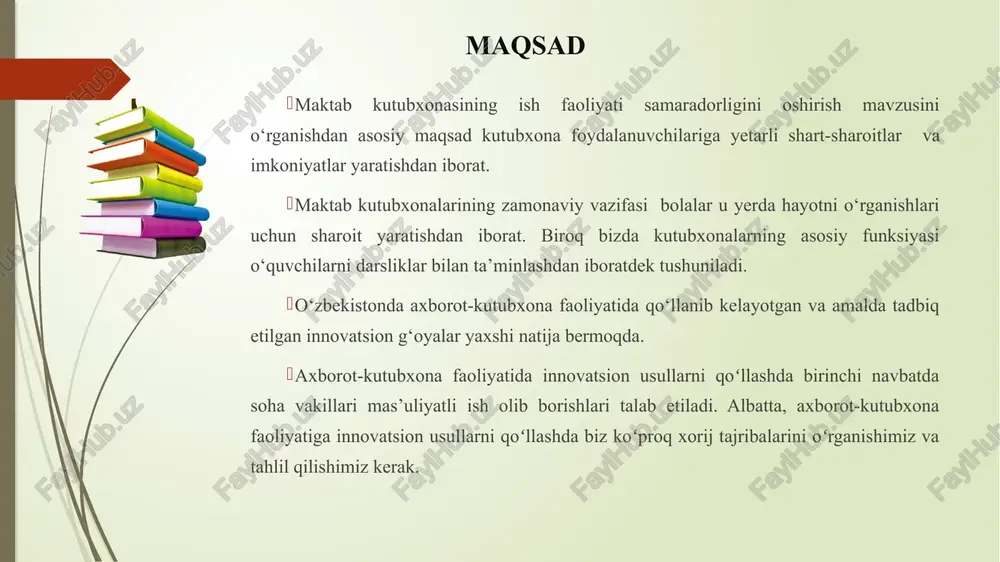 inlandiya) maktab kutubxonachilariga tajribali kutubxonachilar tomonidan seminar treninglar o‘tkazilishi xulosa bugungi kunda axborot-kutubxona xizmati ko‘rsatishda asosiy e'tibor iste'molchilarga yakka va ommaviy xizmat ko‘rsatishning xorijiy va innovatsion shakllari va usullarini o‘zlashtirish va soha xodimlarini xalqaro talab darajasida malakasini oshirish zaruriyatini taqoza etmoqda. axborot-kutubxona xizmati ko‘rsatishning samaradorligini oshirish bo‘yicha keng ko‘lamli ishlar amalga oshirilmoqda. ammo, aholiga xizmat ko‘rsatishning yangicha innovatsion yo‘llarini amaliyotga tadbiq etish zarur. buning uchun axborot - kutubxona xizmatini amalga oshiruvchi xodimlar kasbiy mahorati bo‘yicha zamonaviy nazariy va amaliy bilimlarni, ish uslublarini egallash va doimiy tarzda ko‘nikmasini oshirib borishi zarur. takliflarim pedagogika yo‘nalishidagi oliy ta'lim muassasalarida kutubxonachilik yo‘nalishlari bo‘yicha kvotalar sonini oshirish va bugungi kunda faoliyat yuritayogan tajribali xodimlarga dual ta’lim shaklida ta’lim olish sharoitini yaratib berish; hududlardagi maktab kutubxonalarida faoliyat yuritayotgan oliy ma’lumotli nomutaxassis kutubxonachi xodimlarni a.avloniy nomidagi milliy-tadqiqot institutida qayta tayyorlov kurslarini tashkil etib salohiyatli mutaxassis kadrlar bilan ta’minlash. maktab kutubxonalari kompyuter texnikasi bilan ta'minlanib, kutubxona faoliyatiga oid …
