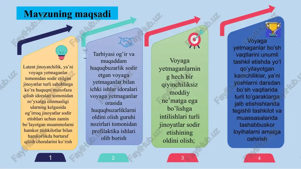 r etishga moyil voyaga yetmaganni aniqlab, uni qayta tarbiyalash yo’li bilan huquqbuzarlikning oldini olish hisoblanadi. zero, katta hayotning ilk bosqichlarida shaxsga berilgan jazo, ushbu jazo adolatli bo’lsa ham voyaga yetmagan shaxsning butun umrini izdan chiqarib yuborishiga olib keladi. voyaga yetmaganlar nazoratsizligi, qarovsizligi, ular tomonidan turli xil huquqbuzarlik holatlarining oldini olish bo’yicha amaliy ishlarni bajarish; voyaga yetmaganlar va ularning ota-onalarining huquqiy masalalarga alohida e’tibor qaratishi bolalarda o’z xatti-harakati uchun mas’ullikni kuchaytirish; ta’lim muassasalaridagi psixologik-pedagogik xizmatni kuchaytirish, yoshlarni hayotda o’z o’rnini topishi, o’zligini anglashiga ko’mak berish; ularni ichki va tashqi informatsion xurujlar xavfidan himoya qilish; takliflar o’quvchilar o’rtasida huquqbuzarliklarni kamaytirish bo’yicha chora-tadbirlar t/r muammo muammoning yechimini amalga oshirish mexanizmi mas’ullar muddati natija 1 maktab ta’limining barcha bosqichlarida voyaga yetmaganlarning psixologik holati diagnostikasiga ixtisoslashgan psixolog kadrlar hamda tashkilotlar mavjud bo’lsada, ularning faoliyatini muvofiqlashtirish va boshqarishni amalga oshiradigan yagona tuzilmaning mavjud emasligi kadrlar faoliyatini muvofiqlashtirish va boshqarishni amalga oshirishga qaratilgan jarayonlarda ishtirok etish ta’lim …