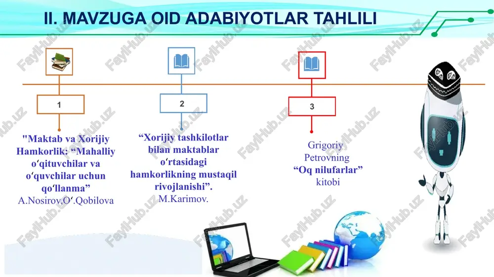 iga xorijiy tilda muloqot qilish ko‘nikmalari shakllantiriladi. 2. fan o‘qituvchilariga xorijiy ta'lim tashkilotlari bilan hamkorlik qilish va tajriba almashish imkoniyati paydo bo‘ladi. 3.bosqichma-bosqich o‘qituvchilar til bilish xalqaro sertifikatlarini oladi va ularga qo‘shimcha ustama olish imkoniyati yaratiladi. 2. rivojlangan mamlakatlardagi ta'lim muassasalari bilan hamkorlik yaxshi yo‘lga qo‘yilmagan 1. xorijiy ta'lim tashkilotlari bilan hamkorlik qilish bo‘yicha maktab rahbarlari uchun o‘quv-seminarlar tashkil etish; 2.ta'lim bo‘yicha yuqori turuvchi va xorijiy hamkor tashkilotlar ko‘magida xorijiy ta'lim muassasalar bilan hamkorlik memorandumi imzolash; 3. memorandum doirasida yuqori malakali xorijiy mutaxassislarni jalb etish; 4. pedagoglar uchun xorijiy mutaxassislar tomonidan onlayn va oflayn shaklda zamonaviy metodikalar asosida qisqa muddatli malaka oshirish kurslarini tashkil etish; 5. mazkur kurslarni doimiy ravishda kaskad usulida barcha o‘qituvchilar uchun muntazam o‘tkazib borish; 6. xorijiy til sertikati mavjud fan o‘qituvchilarni bosqichma- bosqich xorijiy mamlakatlarga stajirovkaga yuborish 2024 yildan boshlab doimiy ravishda mmtv, mmtb, maktab direktori 1. xorijiy ta'lim tashkilotlari bilan hamkorlik yo‘lga qo‘yiladi; 2. hamkorlik …