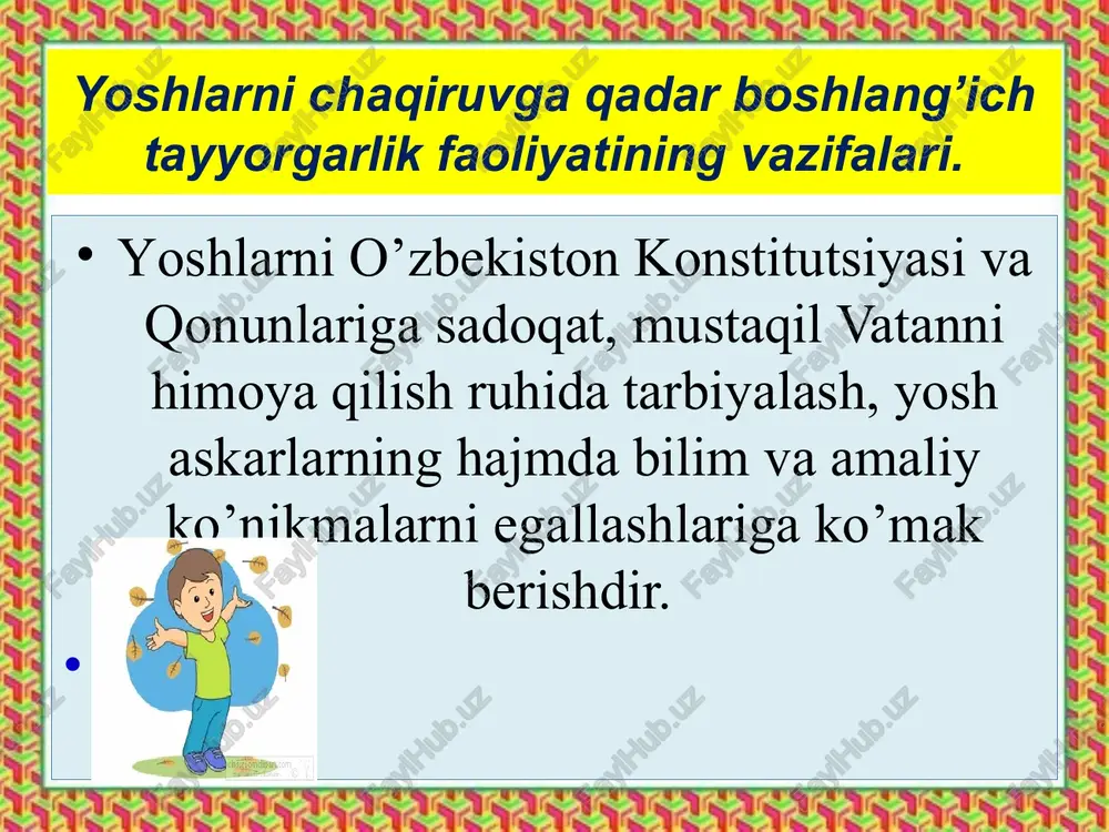 mudirasi maktab o’ibdo’ ychqbt fan o’qituvchisi avgust oyida o’qituvchilar darslik bilan tanishib chiqadilar o’quvchilar bilimga va ko’nikmaga ega bo’lishadi 2 maktablarda amaliy ko’nikmalarni shakllantirish uchun mashq maydonchalari yetishmasligi 1.tegishli mutasadi tashkilotlar bilan ish olib borish 2.maktabga xomiy asosida ish tashkil etish 3.maktabni bujetdan tashqari mablag’lari xisobiga texnik bazalarni shakllantirish maktab direktori ychqbt fan o’qituvchisi o’quv yili davomida o’quvchilar harbiy bo’yich amaliyotda ko’nikmalarining ortishi maktablarda chaquruvga qadar boshlang’ich tayyorgarlik fani o’quv xonalariga kirish koridori chaquruvga qadar boshlang’ich tayyorgarlik fani o’quv xonasini oldi ko’rinishi o’zbekiston respublikasi vazirlar maxkamasining 2017 yil 24 oktyabrdagi 868 son qaroriga muvofiq chaquruvga qadar boshlang’ich tayyorgarlik o’quv xonasi quyidagilar to’liq jixozlashi kerak 10-11 sinf darsliklari xulosa o’rnida hozirgi yoshlarni haqiqiy vatanparvarlar, dunyoqarashi keng etiqodi kuchli qilib tarbiyalashda maktablardagi xarbiy rahbarlarining o’rni beqiyos. ertaga chinakam ofitser bo’lishini orzu qilgan yoshlarga bor bilimimizni berishga tayor bo’lishimiz lozim. shunday ekan har bir o’quvchi yoshlarning ertaga kim bo’lishi bizning xozirgi faoliyatimizga bog’liq …