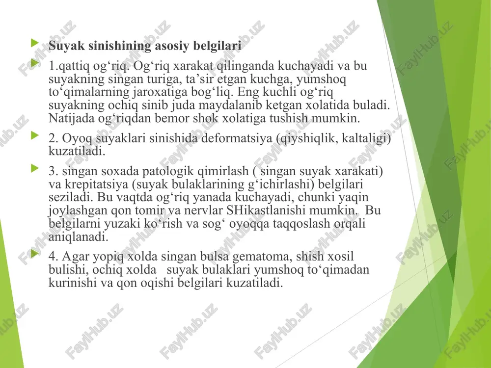 iyalangan bo‘ladi. jarohatlagan buyumning xarakteriga ko‘ra: kesilgan jaroxat-o‘tkir asboblar(skalpel,pichoq,lezviya) keltirib chiqaradi va jroxat chetlari tekis bo‘lib ko‘p qon ketadi. yulingan jaroxat-teri va teri osti to‘qmasi ko‘chadi va chetlari noto‘²ri, qon oqishi kuproq. chopilgan- o‘tkir va og‘ir asboblar bolta, tesha, kilich) yordamida xosil qilinadi va chuqurroqda joylashgan to‘qimalar zararlanib, ko‘ndalan chopilsa jaroxatlangan to‘qmaning tortilishi kuchayadi. lat yegan- o‘tmas, qattiq buyumlar (tosh, temir, yo²och) yordamida yuzaga keladi va yumshoq to‘qimalarning ezilishi kuchli va qon oqishi kam bo‘ladi. sanchilgan - o‘tkir uchli asboblar nayza bigiz, mix) ta'sirida kelib chiqadi va jaroxat juda chuqur bo‘ladi. tishlangan–ko‘pincha xayvonlar ta'sirida kelib chiqadi va mikroblar bilan zararlangan bo‘ladi (asoratida quturishga olib kelishi mumkin). zaxarlangan – ilon, chayon kabi zaxarli xayvonlar chaqkanida va kimyoviy moddalar ta'sirida kelib chiqadi. o‘q tekkan –miltiq,to‘pponcha kabi qurollar ta'sirida yuzaga keladi va tanani teshib o‘tishi yoki o‘tmasligi mumkin. suyak butunligining to‘liq yoki qisman buzilishi sinish deyiladi. suyaklarning sinishi ochiq va yopiq ko‘rinishda buladi. …