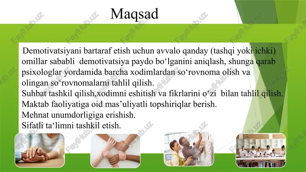 dan biri sifatida qabul qilish chora-tadbir namunasi t/r muammo muammoning yechimini amalga oshirish mexanizmi mas’ullar muddati natija 1 demotivatsion xodimlarni aniqlash strategiyasini ishlab chiqish 1.xodimlar o‘rtasida psixodiagnostika o‘tkazish, tahlil natijalariga asosan demotivatsion xodimlar bilan psixologik korreksion ishlarni amalga oshirish maktab direktori, maktab psixologi reja asosida ta’lim muassasasida sog‘lom muhitni shakllantirishga ijobiy ta’sir etib ta’lim sifatini oshirish. o‘qituvchilarda o‘z-o‘ziga hurmat hissini shakllantirish. 2 xodimlarni qo‘llab-quvvatlash va rag‘batlantirish “maktabning eng yaxshi o‘qituvchisi” ko‘rik-tanlovini o‘tkazish maktab direktori, metodbirlashma raisi, kasaba uyushmasi reja asosida maktabda ijobiy muhitni shakllantirib jamoada hurmatga ega bo‘ladi 3 xodimlarga metodik yordam berish va mahoratini oshirish maktabda “mahoratli lider ustozlar maktabi” yaratish mahoratli ustozlar reja asosida ustozlar o‘rtasida mahorat darajasi oshadi image1.png image2.png image3.png image4.png image5.png image6.png image7.jpeg image8.png image9.png image10.jpeg image11.jpeg image12.jpeg image13.jpeg image14.jpeg image15.jpeg image16.jpeg image17.png image18.png image19.jpeg image20.jpeg /docprops/thumbnail.jpeg