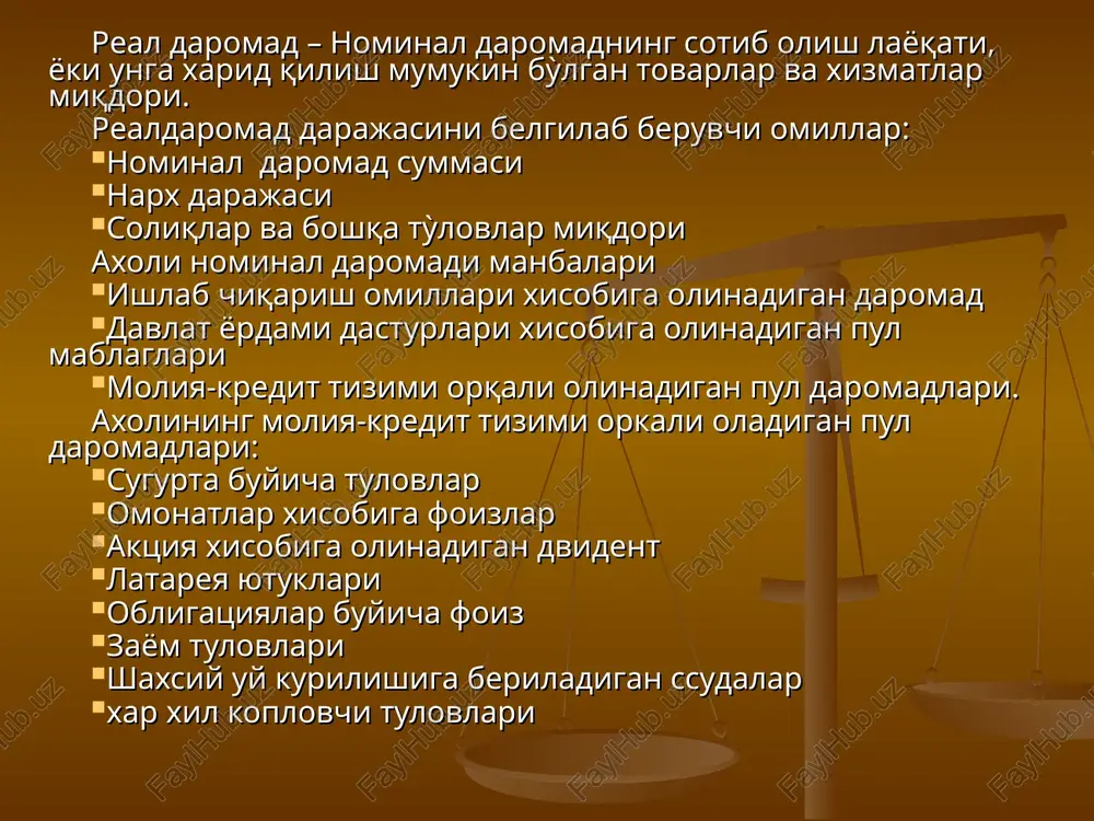 atkichlar. axoli jon boshiga tukri keladigan iste'mol tovarlari (ozik-ovkat va noozik-ovkat), uy-joy maydoni va uzok muddat foydalanuvchi tovarlar mikdorlari. eng kam iste'mol byudjetini xisoblash usullari. iste'mol savoti asosida regressiv usul: iste'molning eng kam kiymati, turli xarajatlar va daromadlar nisbati orkali ekspert baxolash asosida sotsiologik kuzatish utkazish orkali iste'mol savoti insonning muayyan darajadagi extiyojlarini kondirish uchun zarur bulgan tovarlar va xizmatlar mikdori bulib, u joriy bozor narxlari buyicha xisoblanadi. «turmush sifati indeksi» va «inson kamolati indeksi» - axoli turmush farovonligi darajasini ifodalaydi. «turmush sifati indeksi» kursatkichlari soglikni saklash xolati ta'lim darajsi urtacha umr kechirish yoshi bandlik darajasi ijtimoiy-siyosiy xayotdagi faollik «inson kamolati indeksi» kursatkichlari axoli jon boshiga tukri keladigan yaim, smm va md kutshilayotgan umr kechirish yoshi ta'lim darajasi davlatning ijtimoiy siyosati va uning asosiy yunalishlari. ijtimoiy siyosat – bu davlatning daromadlar taksimotidagi tengsizlikni yumshatish, bozor iktisodiyoti ishtirokchilari urtasidagi ziddiyatlarni bartaraf kilish va axolini samarali ijtimoiy ximoyalashga karatilgan siyosatdir. uzbekistonda bozor …