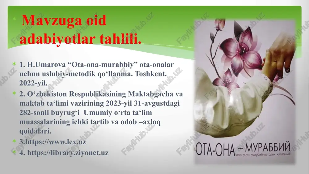 r bu maktab yutuqlari va kamchiliklarini yanada chuqurroq, har tomonlama o‘ylagan holda ko‘rib chiqishga va ijobiy hal etishga yordam beradi. 2 o‘quvchining ota-onasi bilan yaqindan hamkorlik o’rnatish,suhbatlashish farzand tarbiyasi bo’yicha pedagogik-psixoligik yordam ko’rsatish. maktab rahbariyati, ota-onalar qo‘mitasi va sinf rahbarlar yil davomida ota-onalarning farzandlari ko‘proq qaysi sohaga qiziqishi va kelajakda kasb tanlashiga yordam beradi. 3 ta’lim muassasida “farzand tarbiyasiga e’tiborli ota”, “e’tiborli ona” nominatsiyalarni joriy etish. ta’lim muassasi, sinf rahbarlari, mfy lar xar o‘quv choragida ta’lim muassasasida ta’lim -tarbiya jarayoniga e’tiborli ota-onalarni munosib e’tirof etish orqali, o‘quvchi-yoshlarda ilm-ma’rifatga, vataniga bo‘lgan sadoqat xissi yuksak darajada shakllanishiga erishiladi. 4 kuponlari joriy qilish sinf rahbarlar har chorak oxirida maktab faoliyatida ota-onaning rolini ko‘paytirish va mas’uliyatini oshirish e’tiboringiz uchun rahmat! image2.png image3.png image4.png image5.png image6.png image7.jpeg image8.png image9.jpeg image10.png image11.png image12.png image13.jpeg image14.png image15.jpeg image16.jpeg image17.jpeg 655335930 /docprops/thumbnail.jpeg
