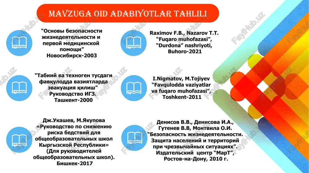 yrim shahar va tumanlarda maktablarni favqulodda vaziyatlardan muhofaza qilishda yuzaga keladigan muammolarni hal etish borasida aholi bilan keng qamrovli muloqot olib borish hamda fuqarolarning o‘zini o‘zi boshqarish organlari bilan samarali hamkorlik qilishni ta’minlamayapti xulosa maktablarning favqulodda vaziyatlarga tayyorlik darajasini oshirish, o‘quvchi va o‘qituvchilarini tayyorlash sohasida bir qator muammoli masalalar mavjud: birinchidan ikkinchidan maktablarni tabiiy ofatlar va texnogen avariyalar xavfidan muhofaza qilish bo‘yicha muammolarni hal qilishda respublikaning ilmiy-tadqiqot salohiyatidan amalda to‘liq foydalanilmayapti maktablarni favqulodda vaziyatlardan muhofaza qilish sohasida mutaxassislar tayyorlash, qayta tayyorlash va ularning malakasini oshirish tizimi zamonaviy talablarga javob bermaydi uchunchidan presentation template by takliflar 1. umumiy o‘rta ta’lim muassasalari o‘quvchilarini (belgilangan o‘quv soatlari doirasida) o‘qitish dasturiga “hayot xavfsizligi” o‘quv kursini joriy etish. 4. har yili yuzaga keladigan favqulodda vaziyatlar (tabiiy va texnogen tusdagi) yuzaga kelishining xususiyatlari va sabablarini, shuningdek favqulodda vaziyatlar xavfi tug‘ilganda maktab o‘quvchilari va xodimlarining harakatlarini ochib beradigan turli ilmiy-ta’limiy, ommabop qisqa metrajli filmlar va videoroliklar tarbiyaviy …