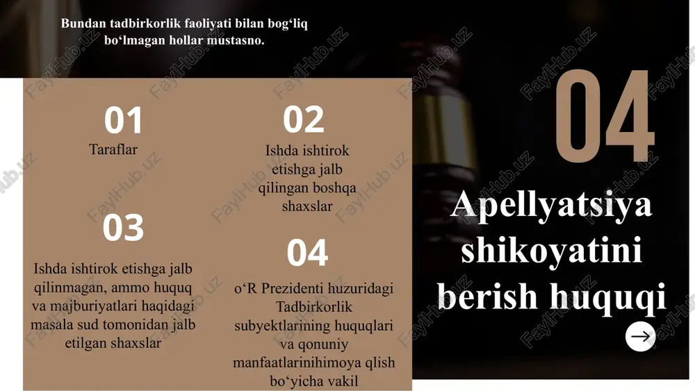 idan voz kechish to‘g‘risidagi ariza apellyatsiya shikoyatini bergan shaxsdan apellyatsiya shikoyati ish yuritishga qabul qilinganidan keyin kelib tushgan bo‘lsa; 2) apellyatsiya shikoyati (protesti) apellyatsiya tartibida ko‘rilgan sud hujjati ustidan berilgan va u ish yuritishga xatoga yo‘l qo‘yilib qabul qilingan bo‘lsa; 5) protestni chaqirib olish to‘g‘risidagi ariza protest keltirgan prokurordan yoki yuqori turuvchi prokurordan apellyatsiya protesti ish yuritishga qabul qilinganidan keyin kelib tushgan bo‘lsa; 6) ishda taraf bo‘lgan yuridik shaxs apellyatsiya shikoyati (protesti) bo‘yicha sud hujjati qabul qilinguniga qadar tugatilgan bo‘lsa; 7) ishda taraf bo‘lgan fuqaro apellyatsiya shikoyati (protesti) bo‘yicha sud hujjati qabul qilinguniga qadar vafot etsa, nizoli huquqiy munosabat esa huquqiy vorislikka yo‘l qo‘ymasa. fuqarolik protsessual kodeksining 3895-moddasida “apellyatsiya shikoyati (protesti) bo‘yicha ish yuritishni tugatish ” holatlari keltirilgan. 13 apellatsiya tartibida ish ko‘rish tartibi 1. dastlab apellatsiya shikoyati bergan shaxs va uning vakili yoki, agar ish protest bo‘yicha ko‘rilayotgan bo‘lsa, prokuror so‘zga chiqadi. 2. hal qiluv qarori ustidan har ikkala …