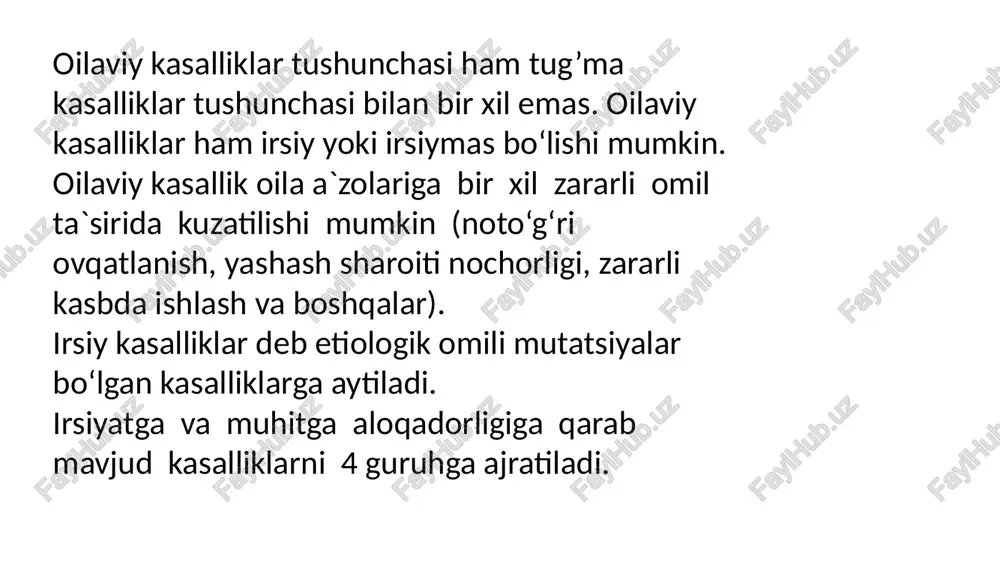 va klinik amaliyotda kasalliklarni to‘g‘ri aniqlash, diagnostika qilish va davolashda muhim ahamiyat kasb etadi. xalqaro kasalliklar tasnifi (mkb-10) bo‘yicha irsiy kasalliklar asosan xvii sinfda — "qon aylanishi va immunitet tizimining ayrim buzilishlari"da (d00–d99) va ba'zi boshqa sinflarda tasniflanadi. quyida mkb-10 bo‘yicha ba'zi irsiy kasalliklarning kodlari keltirilgan: 1. qon va qon hosil qiluvchi organlarning irsiy kasalliklari: d50–d53 — anemiyalar: d56 — talassemiya d57 — orak-hujayrali anemiya d60–d64 — aplastik va boshqa anemiyalar: d64.0 — fanconi anemiyasi 2. endokrin tizimning irsiy kasalliklari: e70–e90 — moddalar almashinuvining buzilishlari: e70.0 — fenilketonuriya e74.0 — glikogen saqlash kasalliklari e75.2 — gaucher kasalligi e75.4 — gangliozidozlar e76.0 — mukopolisaxaridoz i (hurler sindromi) e78.0 — oilaviy giperxolesterinemiya 3. nerv tizimining irsiy kasalliklari: g10–g13 — sistemali atrofiyalar: g10 — gantington kasalligi g60–g64 — polinevropatiyalar va boshqa periferik nervlarning buzilishlari: g60.0 — oilaviy amiloid polinevropatiya 4. ko‘z va quloqning irsiy kasalliklari: h35.5 — oilaviy eksudativ vitreoretinopatiya h90.0 — oilaviy …