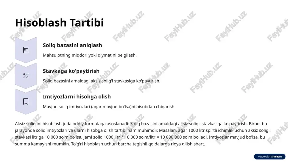 hart. 9 xulosa aksiz solig'ini to'lash tartibi va muddatlariga rioya qilish har bir tadbirkorlik sub'ektining majburiyatidir. bu nafaqat moliyaviy intizomni ta'minlaydi, balki davlat byudjetining barqarorligiga ham hissa qo'shadi. soliq qonunchiligidagi so'nggi o'zgarishlardan doimiy xabardor bo'lish va professional maslahatlardan foydalanish muhimdir. savollar tug'ilganda, mutaxassislarga murojaat qilish orqali barcha noaniqliklarga oydinlik kiritish mumkin. esda tutingki, soliqqa oid majburiyatlarni to'g'ri bajarish biznesning barqaror rivojlanishi uchun zamin yaratadi. 10 image-1002-1.png image-1003-1.png image-1004-1.png image-1005-1.png image-1006-1.png image-5-1.png image-5-2.png image-5-3.png image-1007-1.png image-6-1.png image-6-2.png image-6-3.png image-1008-1.png image-1009-1.png image-8-1.png image-8-2.png image-8-3.png image-1010-1.png image-9-1.png image-9-2.png image-9-3.png image-1011-1.png