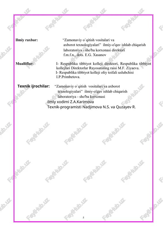 midopirin eritmasi, 30 % li uksus kislotasi, 3 % li perekis vodorod, 1 % li fenolftolein, azopiram, pipetka, shpritslar. amidopirinli sinama 1. 5 % li amidopirin, 30 % li uksus kislota, 3 % li perekis vodorod teng miqdorda olinadi. 2. bu eritmalar aralashmasi pipetkaga olinadi. 3. eritma pipetka yordamida shprits silindriga tomiziladi. 4. agar shpritsda ko`k-yashil rang paydo bo`lsa sinama manfiy hisoblanadi va tibbiy asboblar qayta yuvish bosqichlaridan o`tqaziladi. 5. agar shprits silindrida hech qanday o`zgaish, rang paydo bo`lmasa, sinama musbat hisoblanadi va sterillash mumkin. fenolftoleinli sinama 1. shprits olinadi va silindrga 1 % li fenolftolein eritmasi tomiziladi. 2. agar shpritsda pushti rang hosil bo`lsa, sinama manfiy hisoblanadi. shpritslar qayta oqar suvda chayiladi. 3. agar shpritsda o`zgarish bo`lmasa sterillash davom ettiriladi. azopiramli sinama 1. 3 % li perekis vodorod va azopiram eritmasi teng miqdorda olinadi. 2. eritma shprits silindriga tomiziladi. 3. agar shpritsda ko`k-yashil, ko`k-binafsha rang paydo bo`lsa, sinama manfiy …