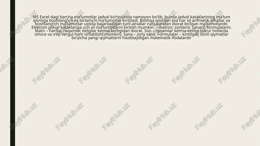 formulalarni ifodalaydi. argumentlar sifatida son qiymatlari yoki kataklar manzillari ko‘rsatiladi. masalan: =summ(a5:a9) –a5, a6, a7, a8, a9 kataklari summalari; =srznach(g4:g6) –g4, g5, g6 kataklari o‘rtacha qiymati. funksiyalar bir-birining ichiga kirishi mumkin, masalan: =summ(f1:f20)okrugl(srznach(h4:h8);2); image1.png image2.png image3.png image4.png image5.png /docprops/thumbnail.jpeg